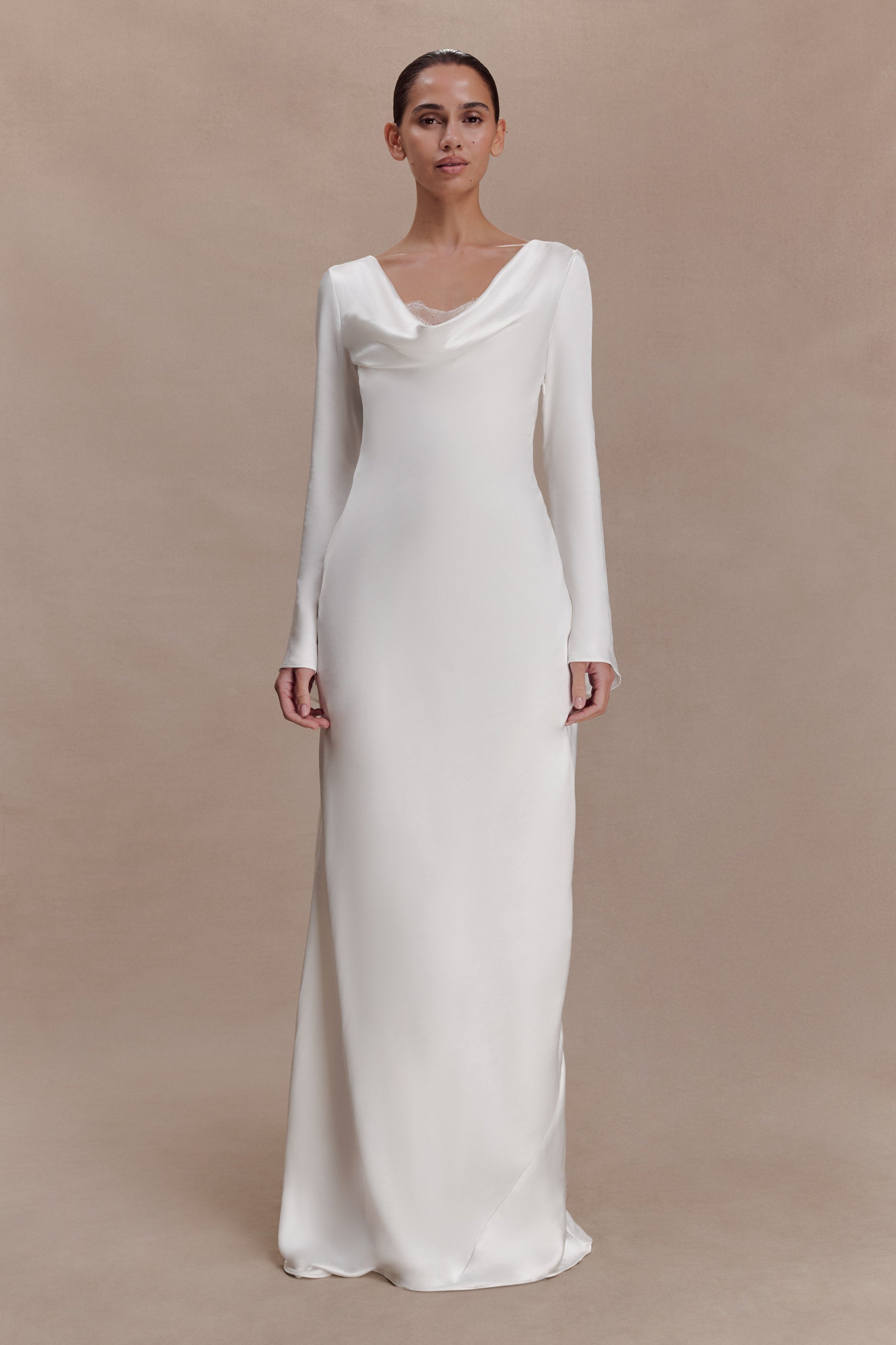Eliza Long Sleeve Cowl Lace And Satin Maxi Dress / Ivory | MESHKI
