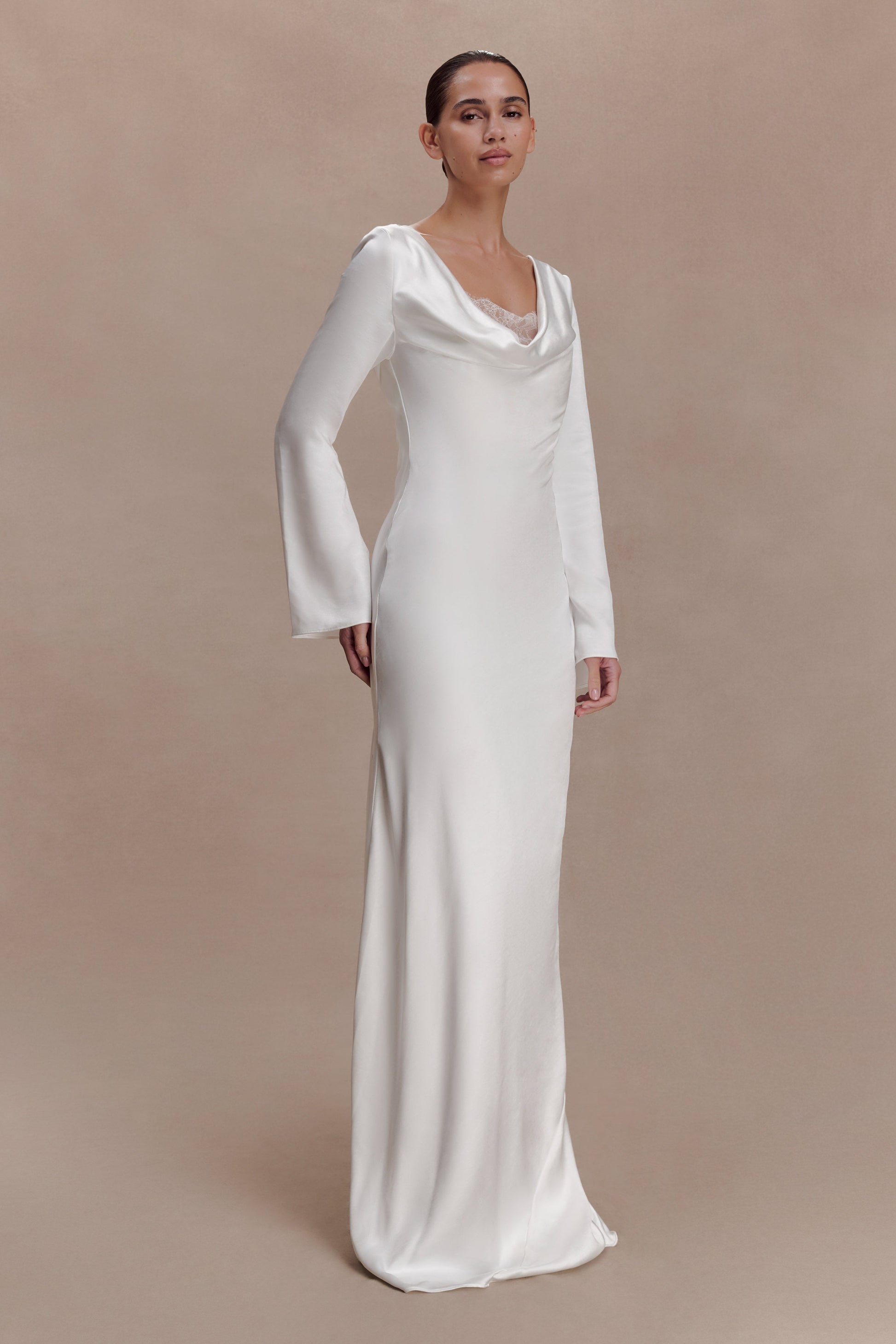 Eliza Long Sleeve Cowl Lace And Satin Maxi Dress / Ivory | MESHKI