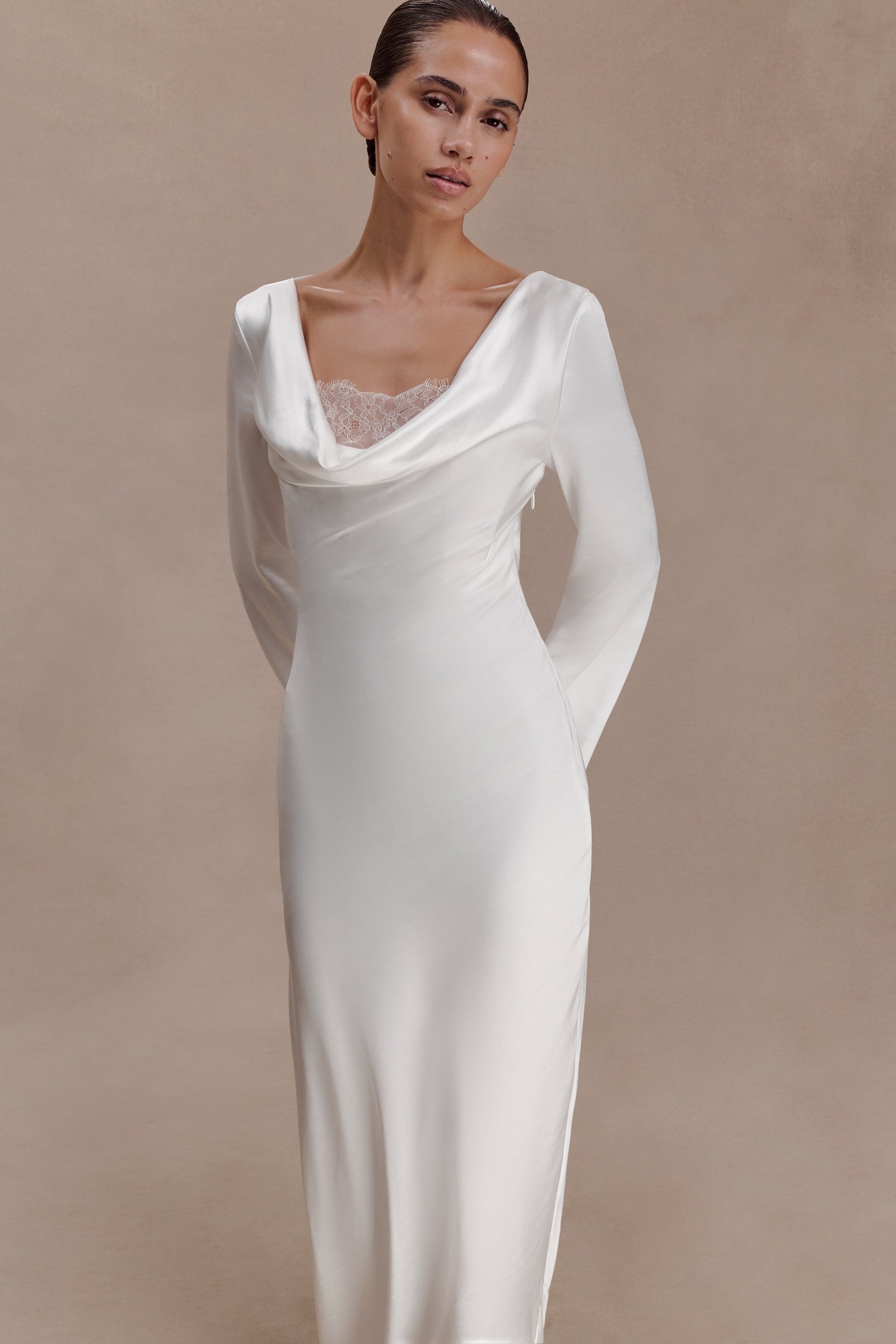 Eliza Long Sleeve Cowl Lace And Satin Maxi Dress / Ivory | MESHKI