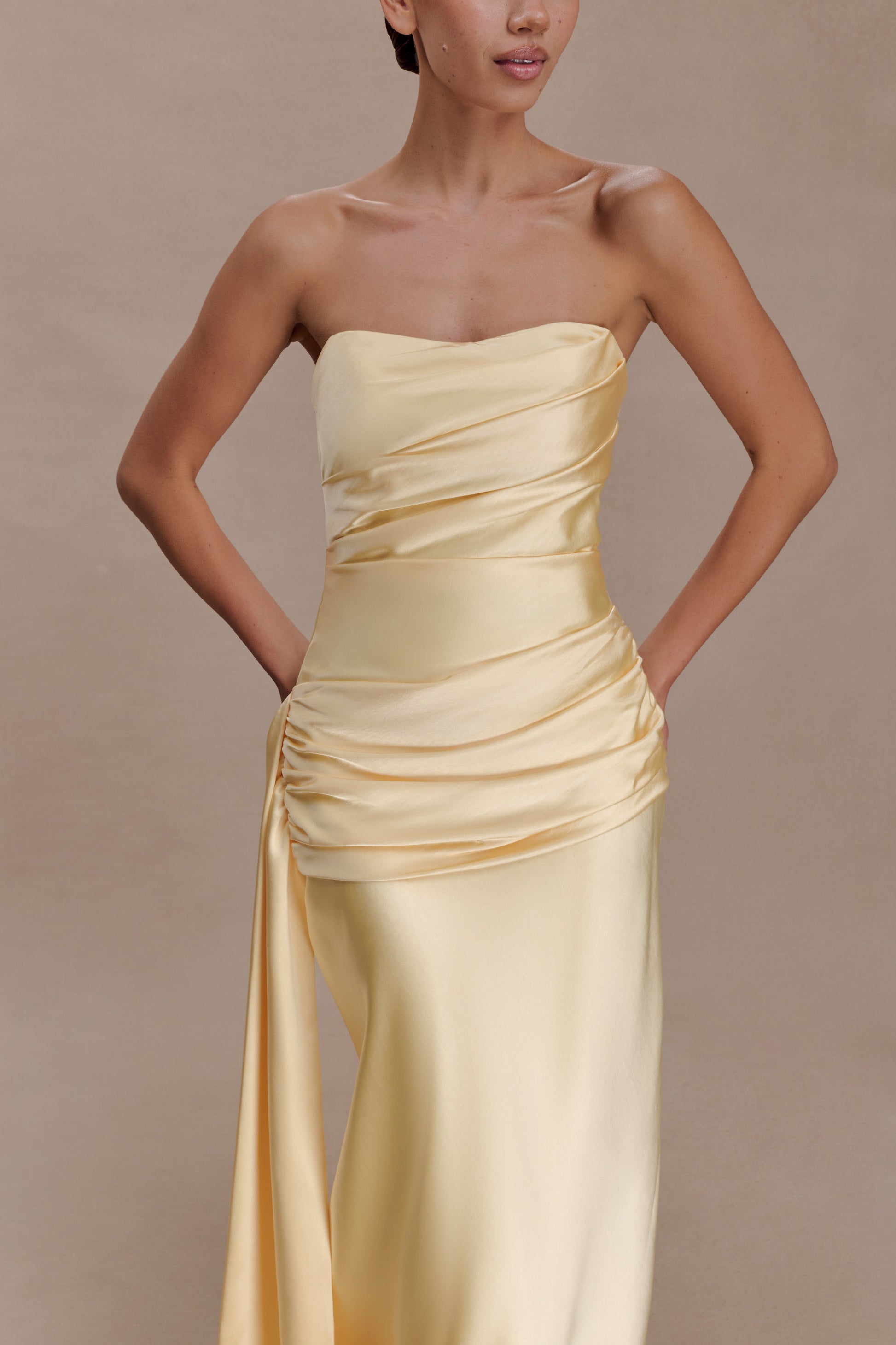 Sarah Strapless Maxi Dress With Waist Tie / Lemon | MESHKI