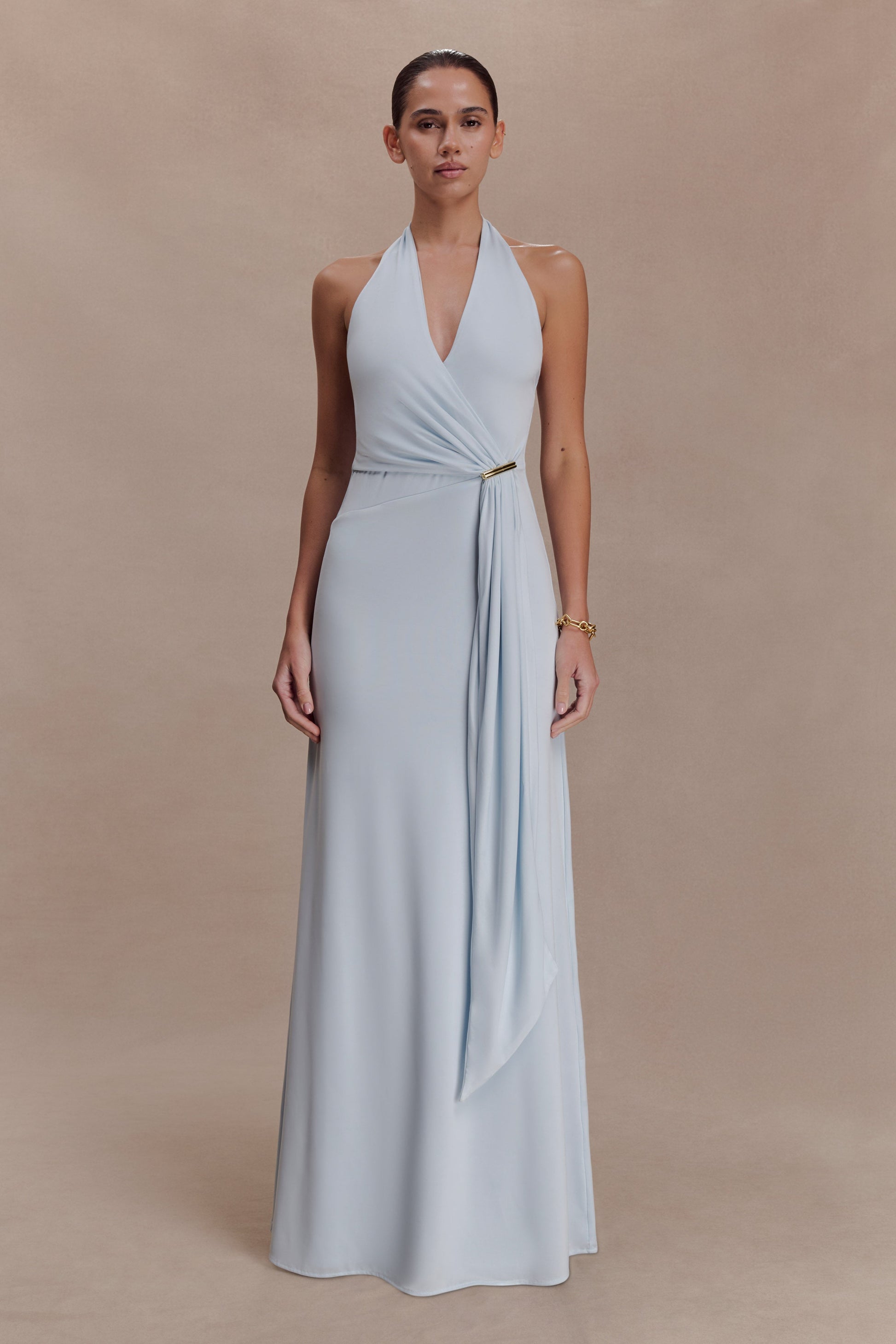 Veda Slinky Halter Maxi Dress - Pale Blue | MESHKI US Veda Slinky Halter Maxi Dress - Pale Blue | MESHKI US