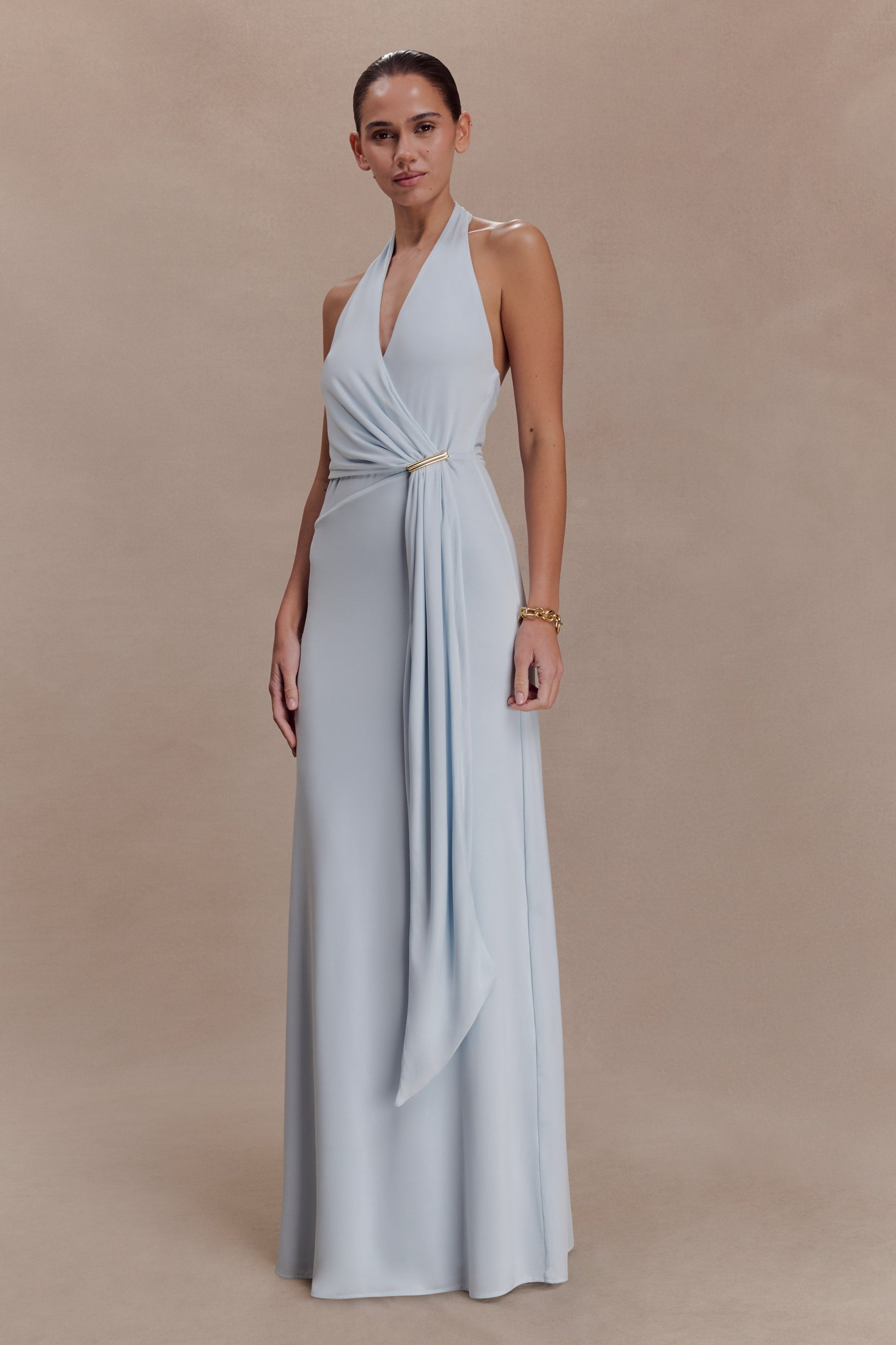 Veda Slinky Halter Maxi Dress - Pale Blue | MESHKI US Veda Slinky Halter Maxi Dress - Pale Blue | MESHKI US
