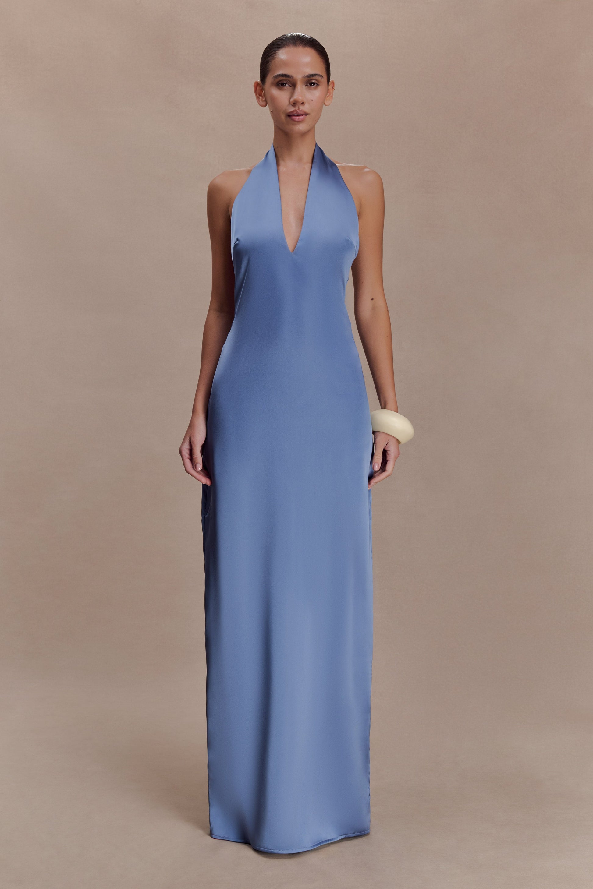 Jade Satin Halter Maxi Dress / Steel Blue | MESHKI
