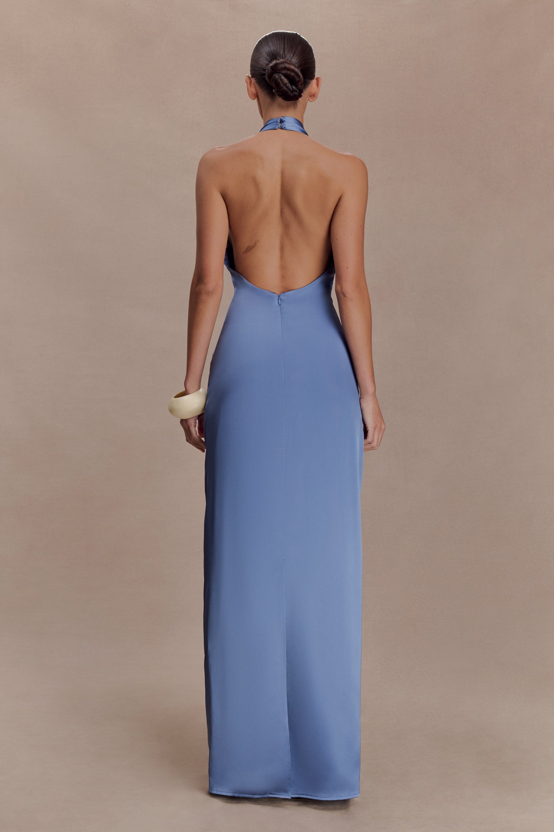Jade Satin Halter Maxi Dress / Steel Blue | MESHKI