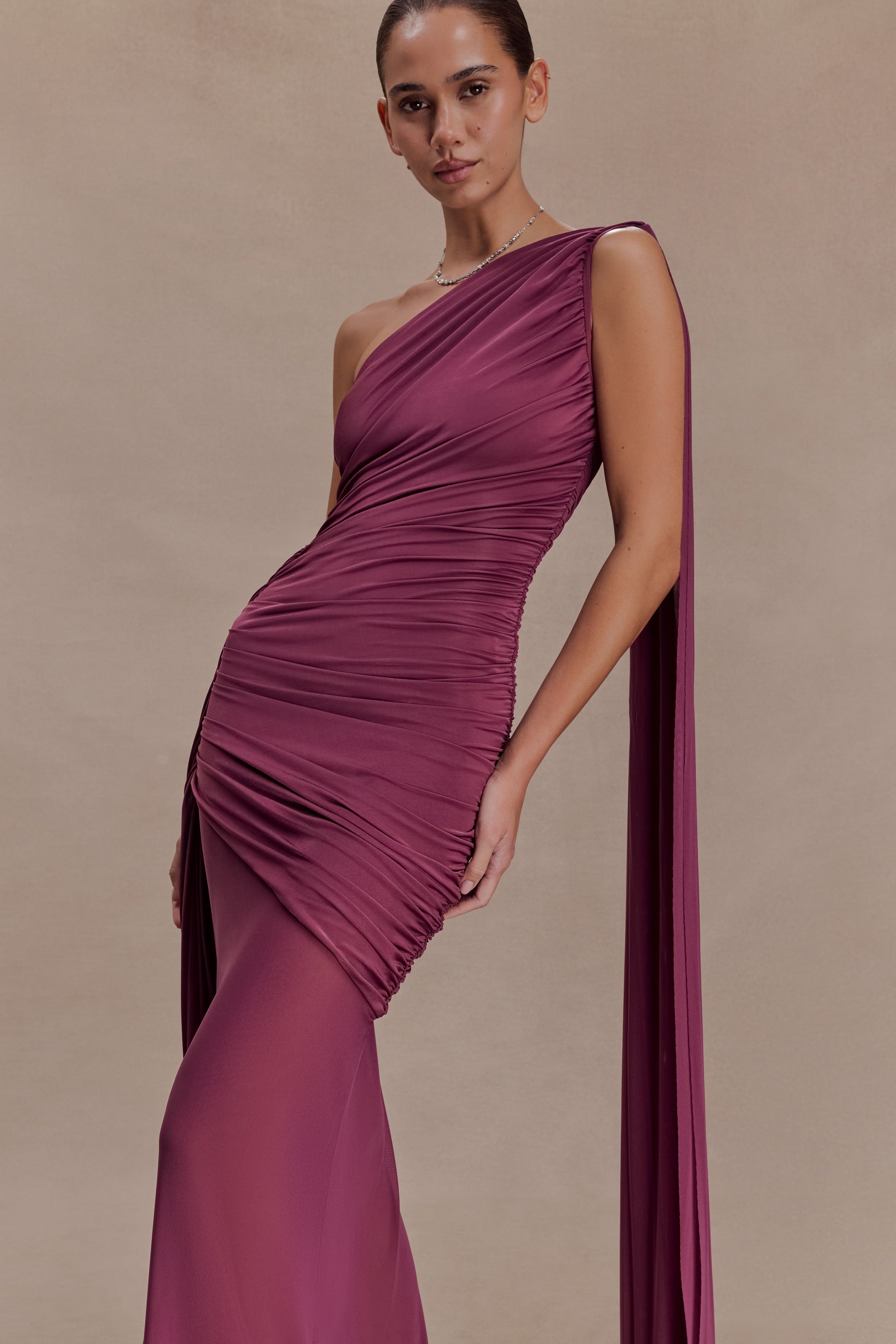 Asher Slinky One Shoulder Maxi Dress - Neutral Plum | MESHKI US Asher Slinky One Shoulder Maxi Dress - Neutral Plum | MESHKI US