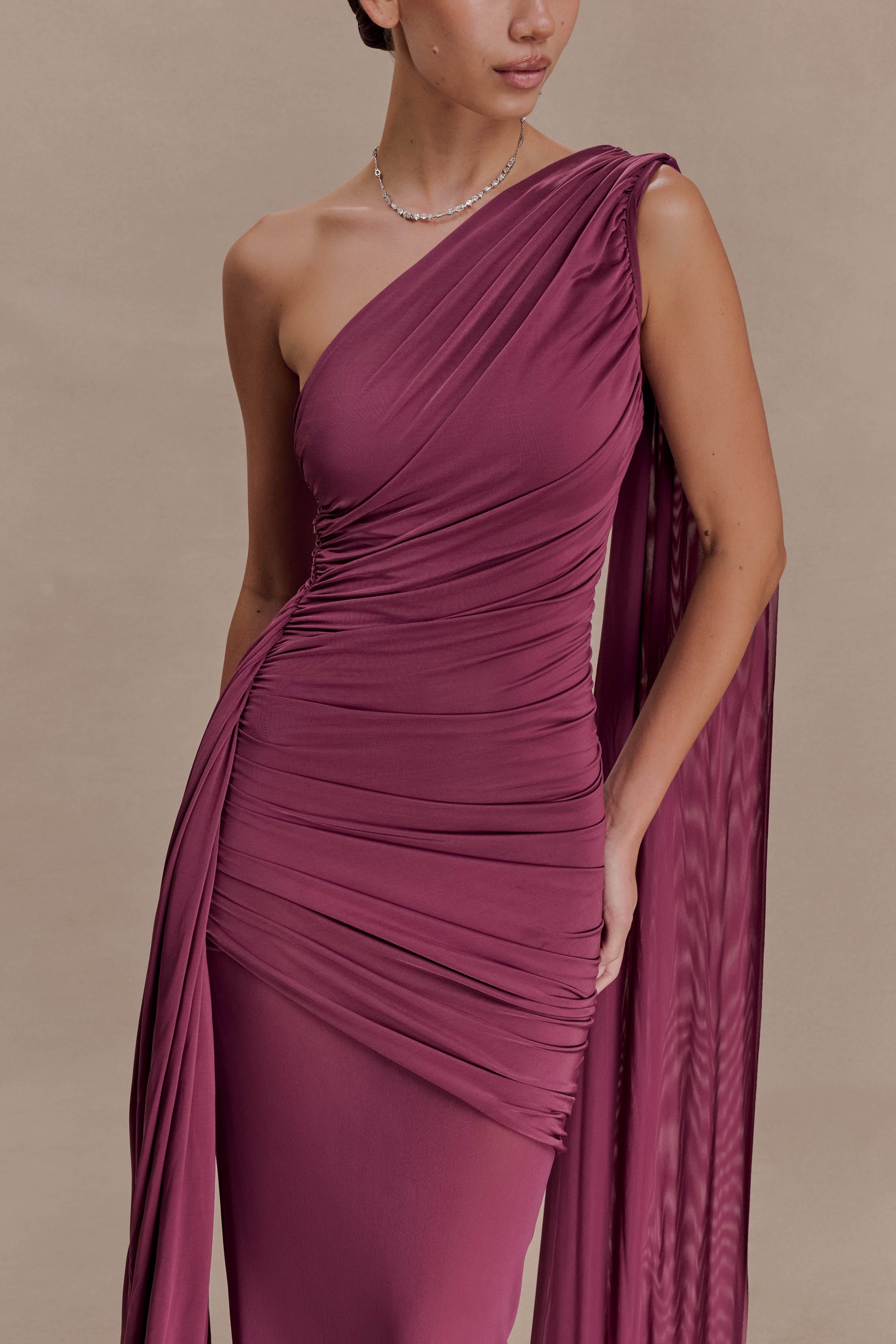 Asher Slinky One Shoulder Maxi Dress - Neutral Plum | MESHKI US Asher Slinky One Shoulder Maxi Dress - Neutral Plum | MESHKI US