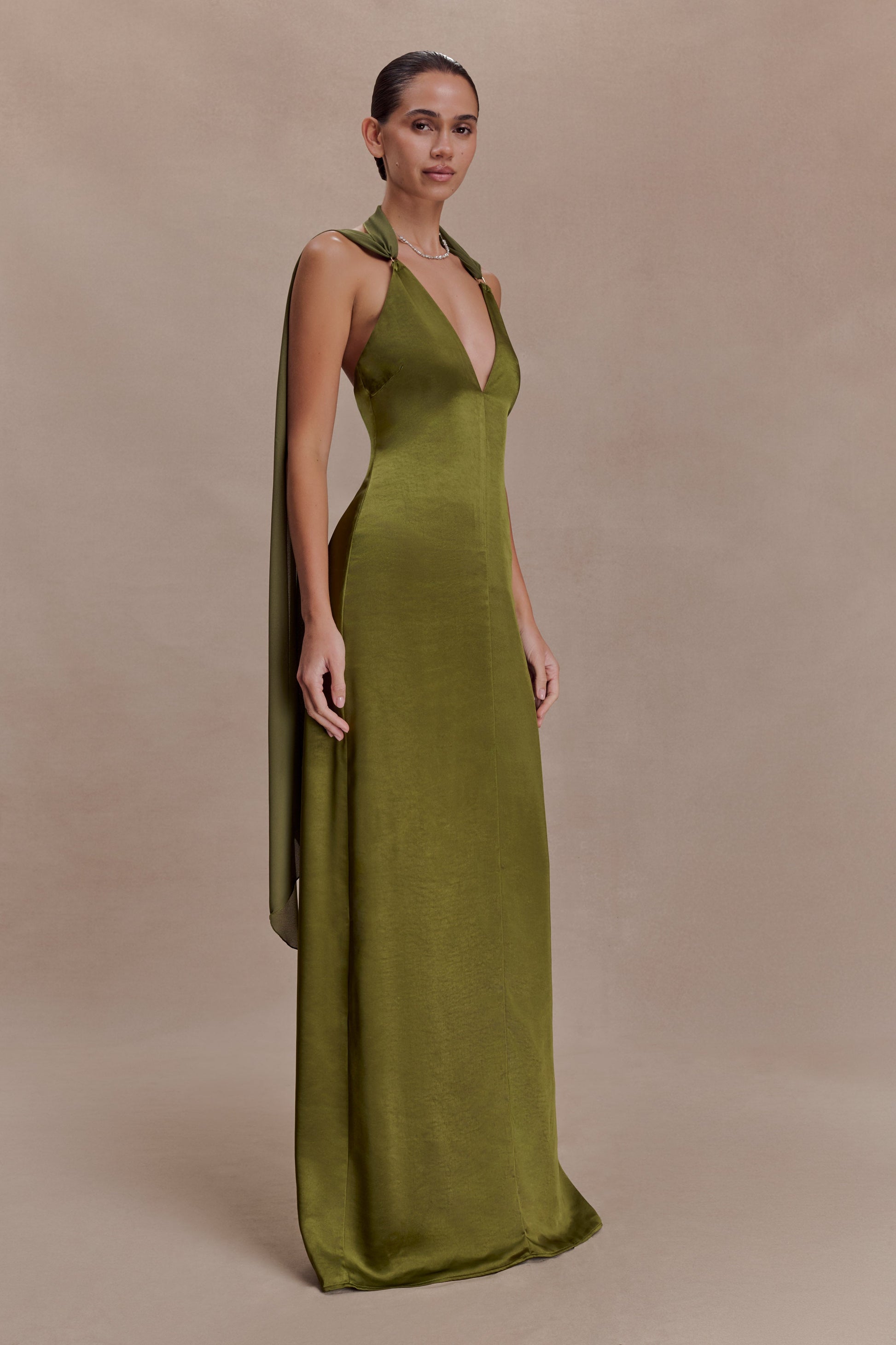 Myla Draped Shoulders Satin Maxi Dress - Khaki | MESHKI US Myla Draped Shoulders Satin Maxi Dress - Khaki | MESHKI US