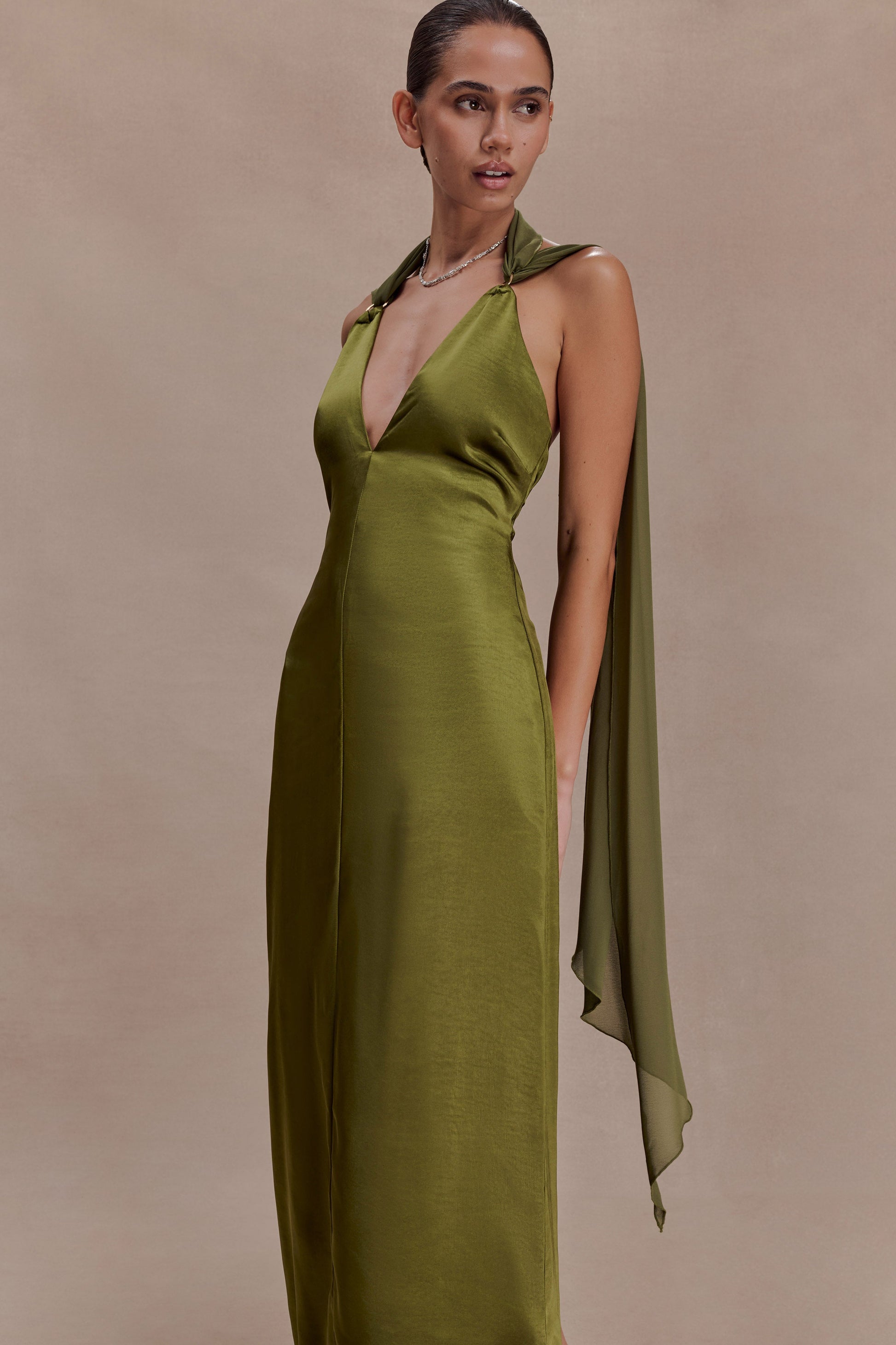 Myla Draped Shoulders Satin Maxi Dress - Khaki | MESHKI US Myla Draped Shoulders Satin Maxi Dress - Khaki | MESHKI US