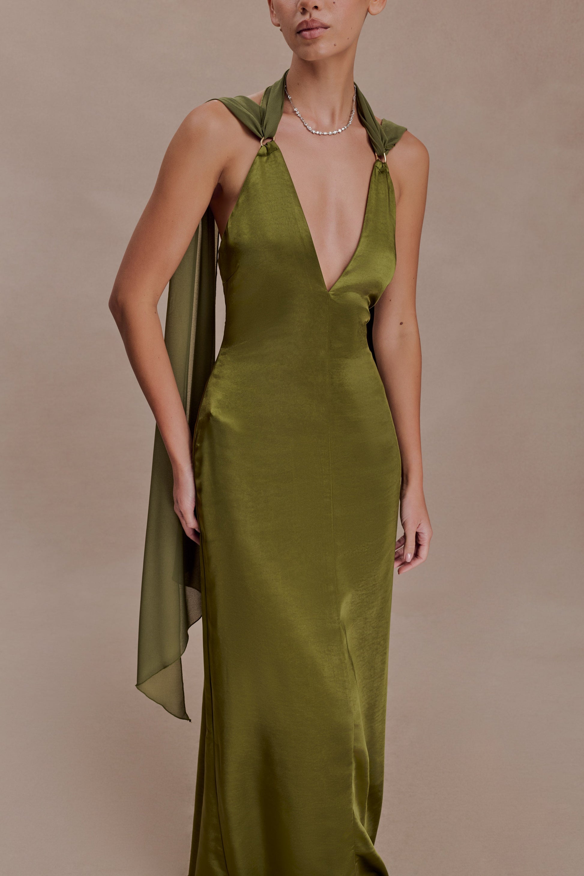 Myla Draped Shoulders Satin Maxi Dress - Khaki #3
