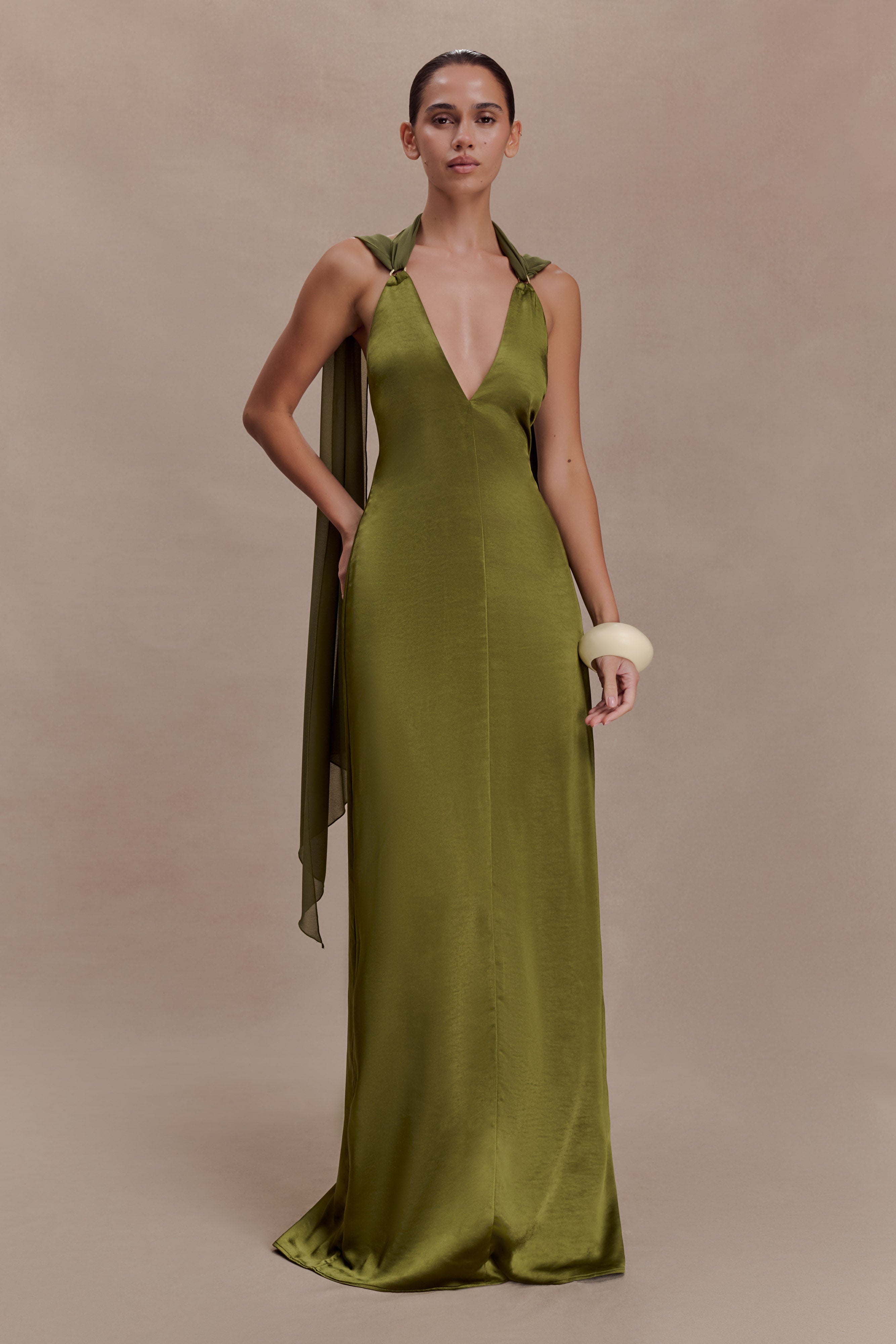 Myla Draped Shoulders Satin Maxi Dress - Khaki | MESHKI US