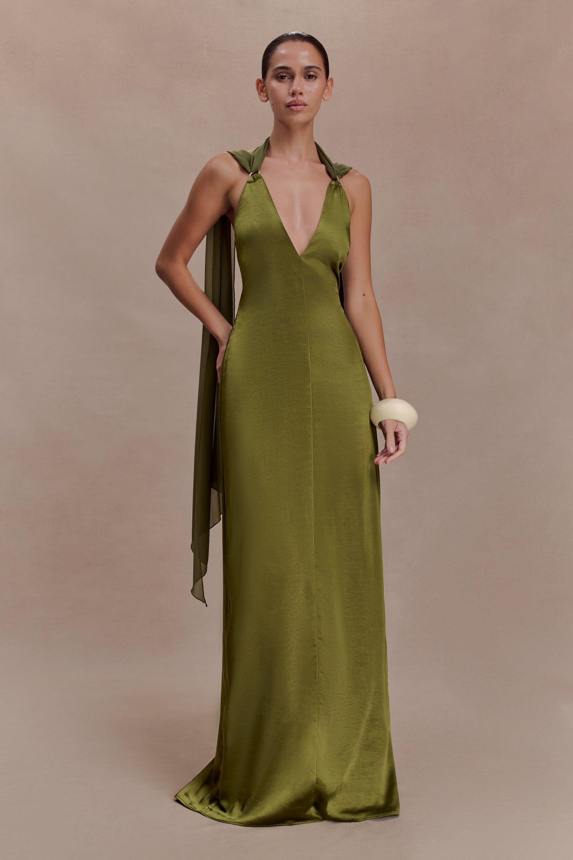 Myla Draped Shoulders Satin Maxi Dress - Khaki | MESHKI US Myla Draped Shoulders Satin Maxi Dress - Khaki | MESHKI US