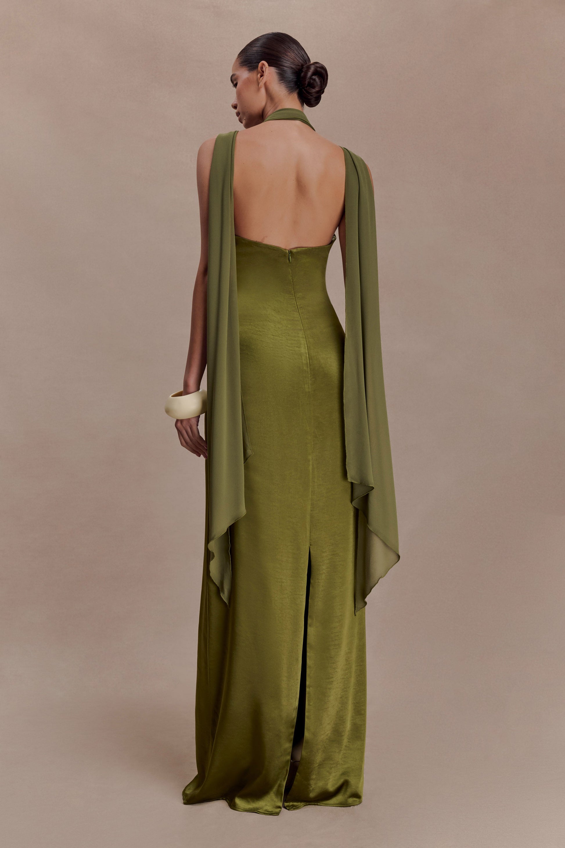 Myla Draped Shoulders Satin Maxi Dress - Khaki