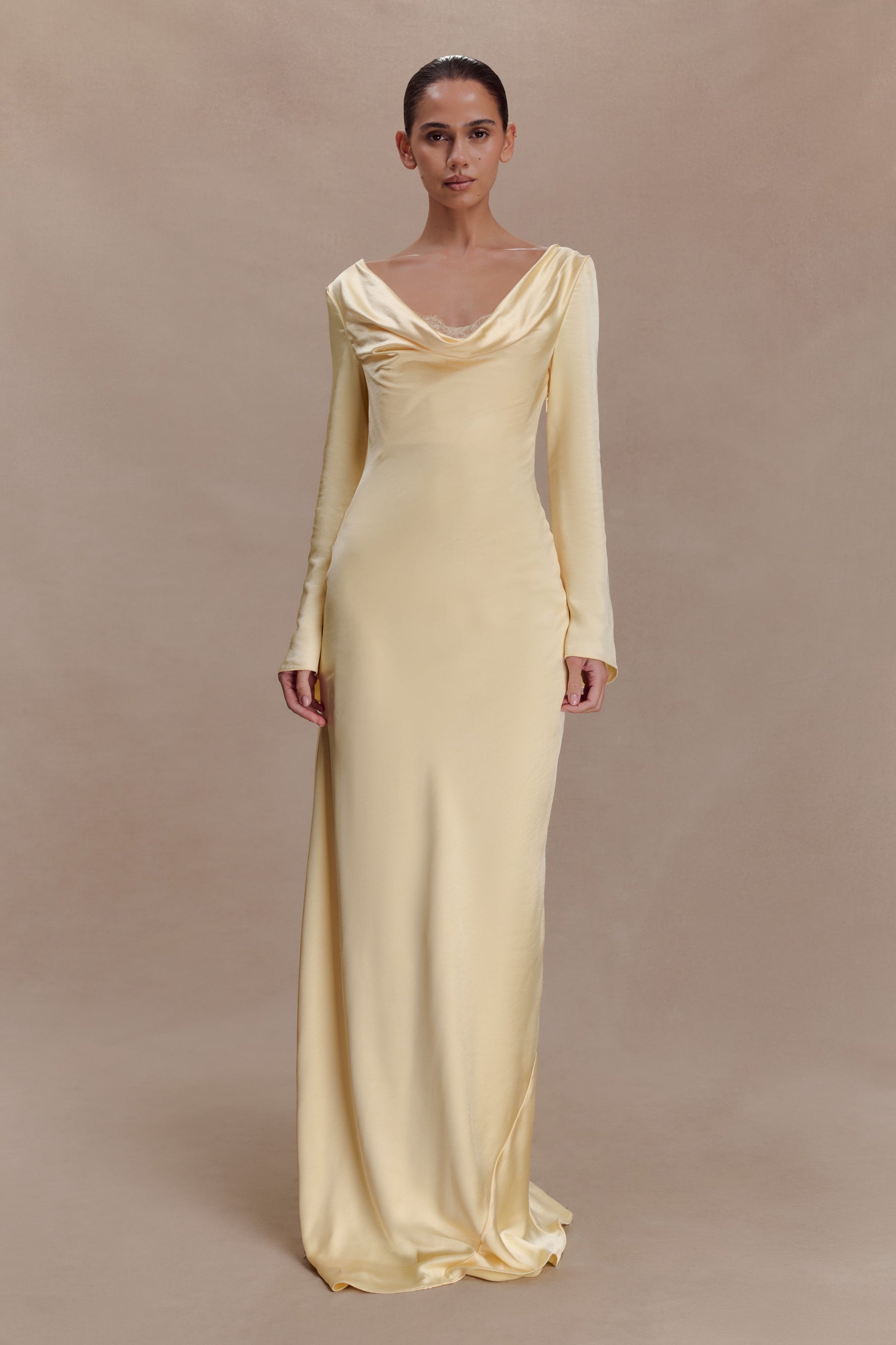 Eliza Long Sleeve Cowl Lace And Satin Maxi Dress / Lemon | MESHKI | XXS Eliza Long Sleeve Cowl Lace And Satin Maxi Dress / Lemon | MESHKI | XXS