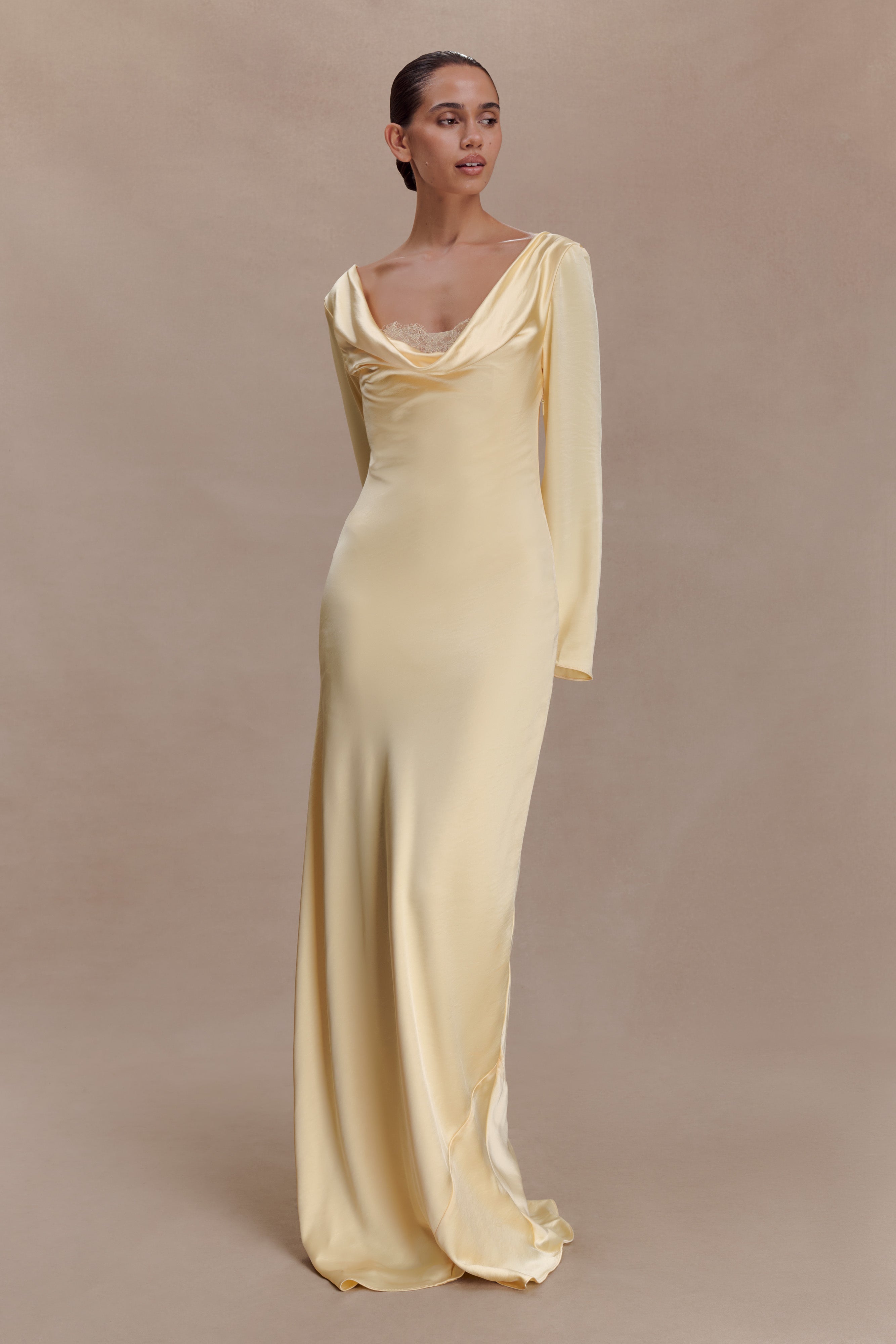 Eliza Long Sleeve Cowl Lace And Satin Maxi Dress - Lemon | MESHKI US