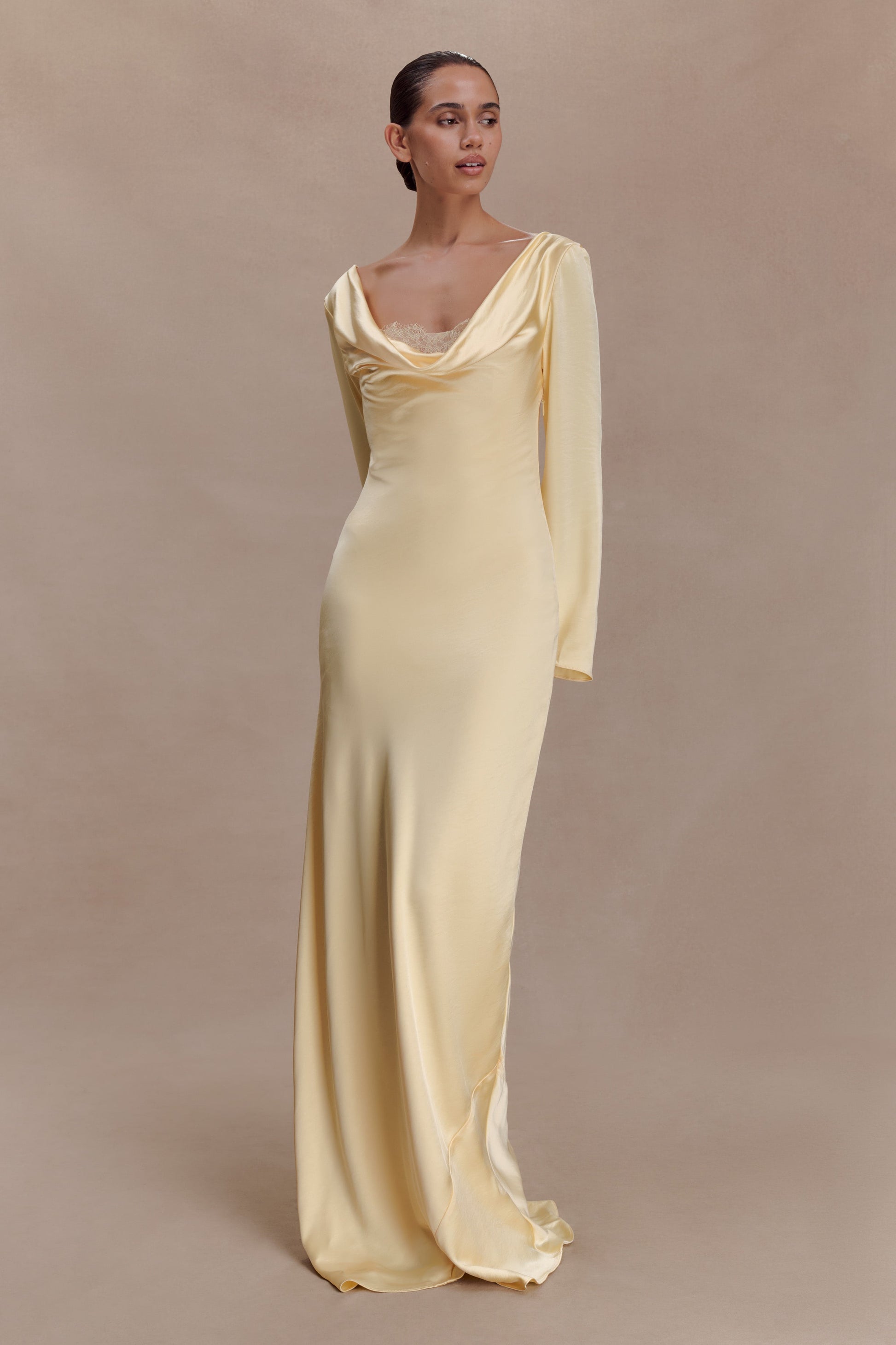Eliza Long Sleeve Cowl Lace And Satin Maxi Dress / Lemon | MESHKI | XXS Eliza Long Sleeve Cowl Lace And Satin Maxi Dress / Lemon | MESHKI | XXS