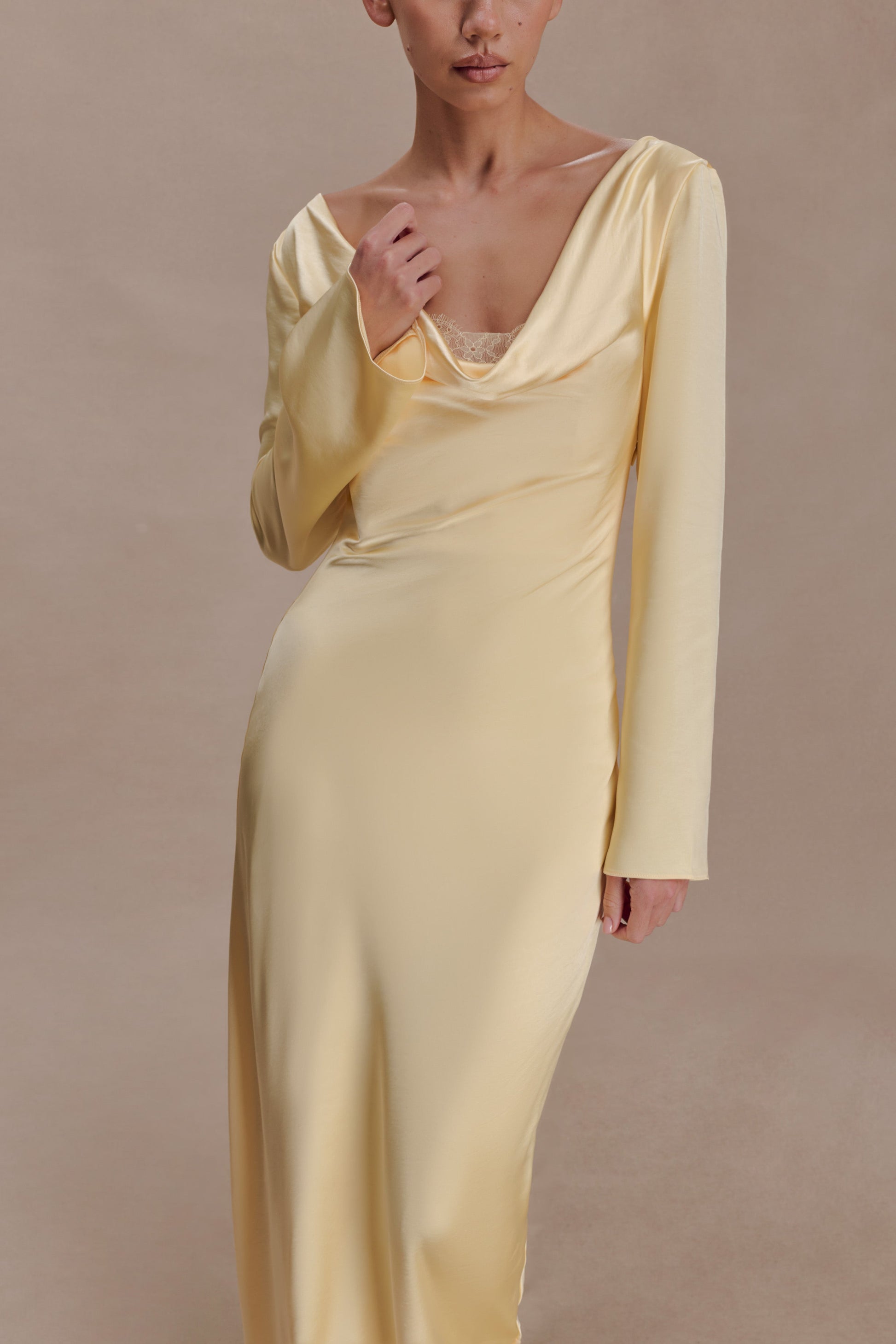 Eliza Long Sleeve Cowl Lace And Satin Maxi Dress - Lemon #3