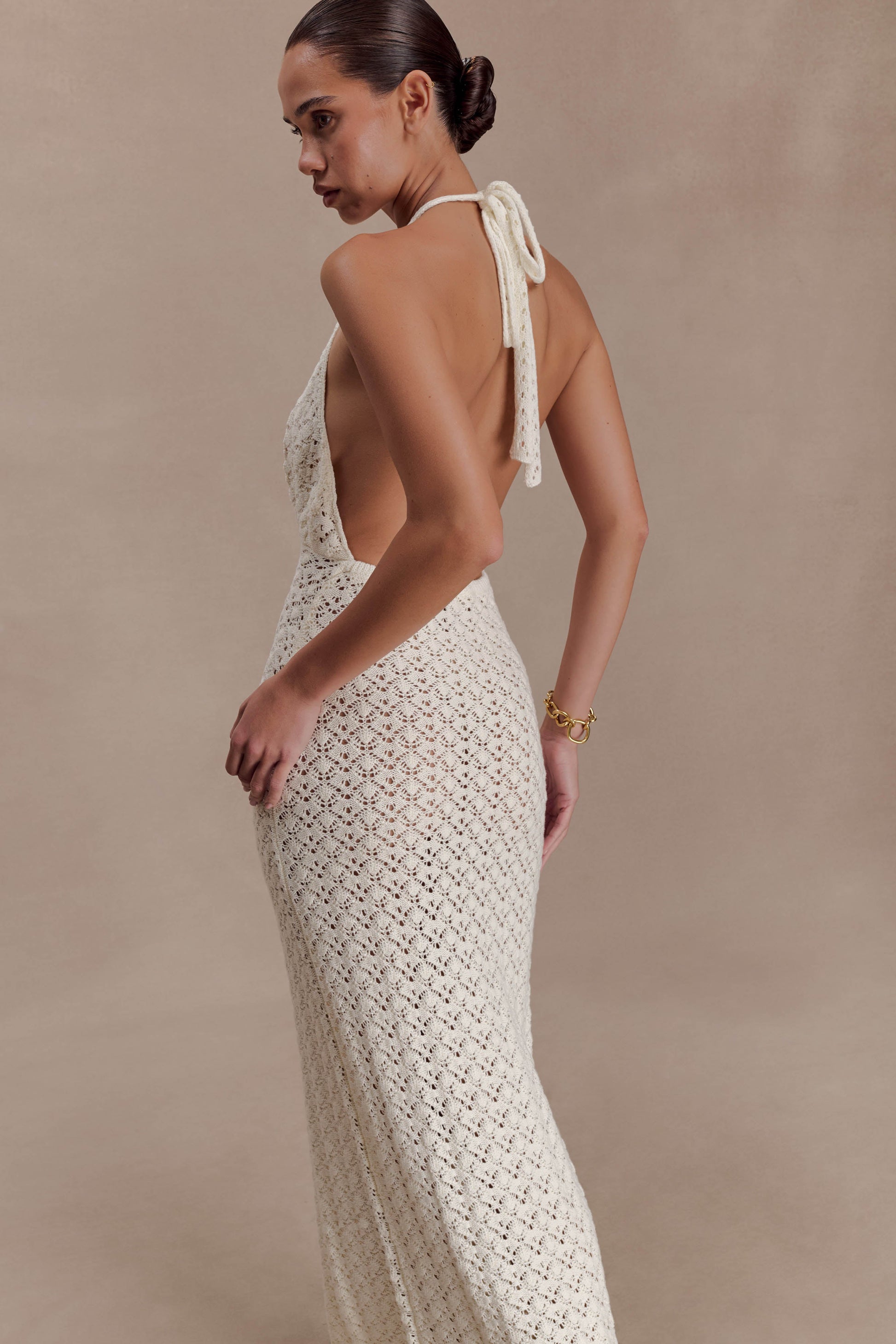 Deeliah Halterneck Crochet Maxi Dress - Ivory | MESHKI US Deeliah Halterneck Crochet Maxi Dress - Ivory | MESHKI US