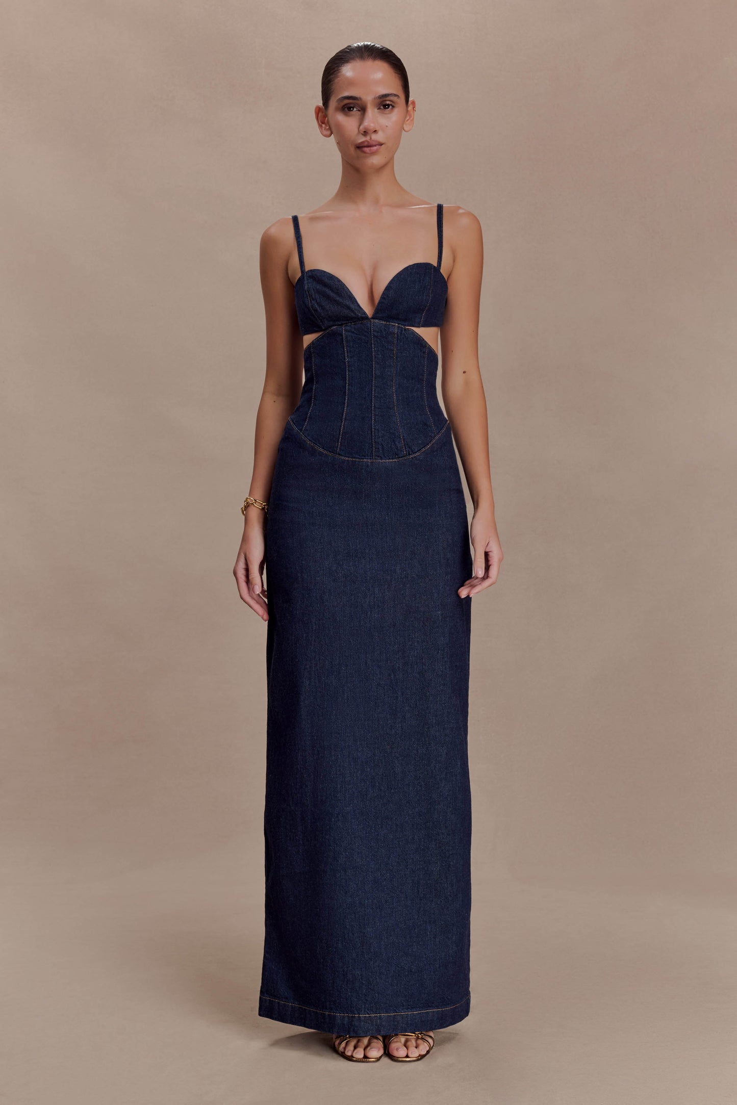 Amila Denim Cupped Maxi Dress - Indigo Blue