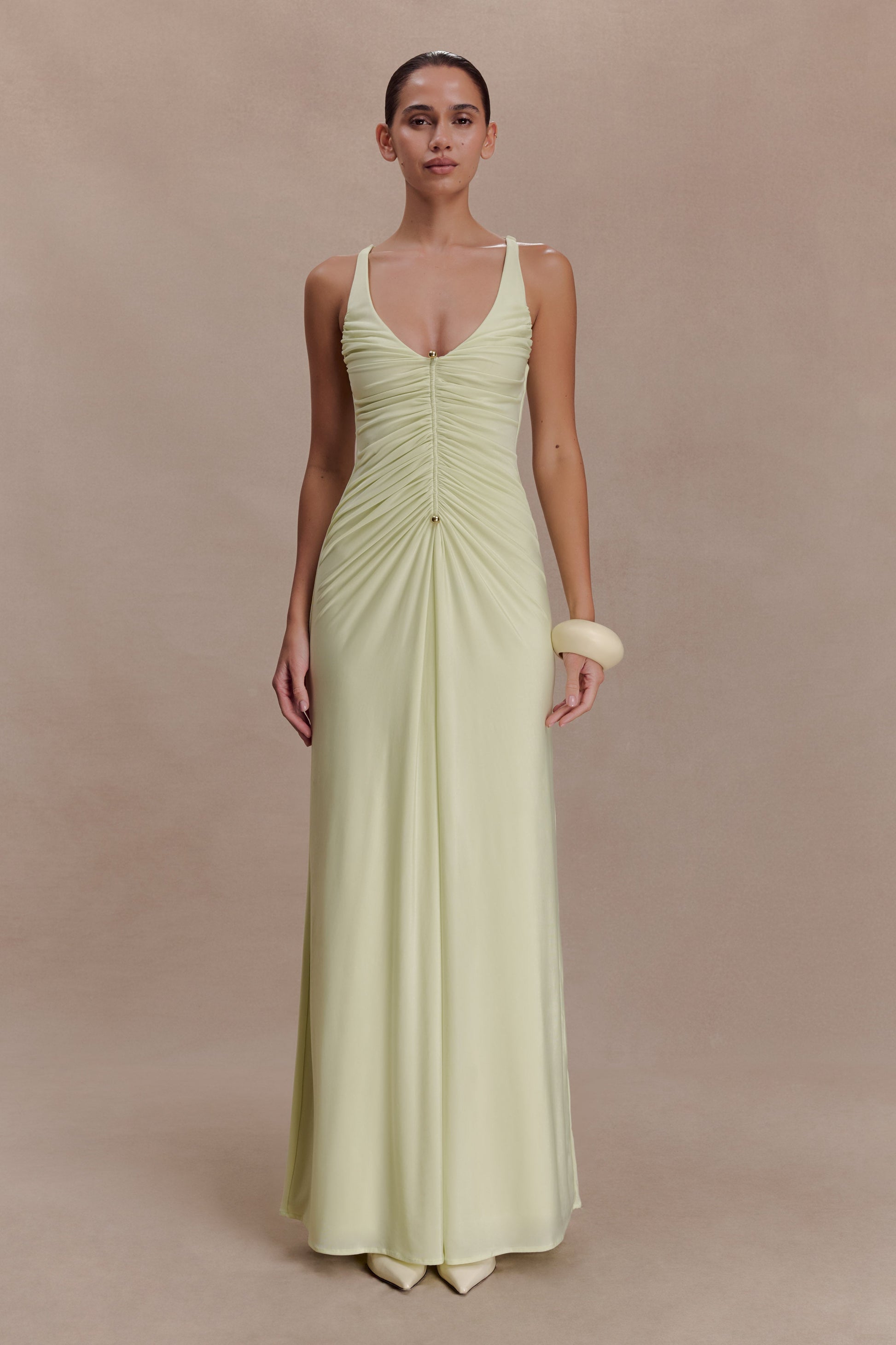 pastel long dress Perrie Slinky Ruched Maxi Dress / Pastel Lime | MESHKI