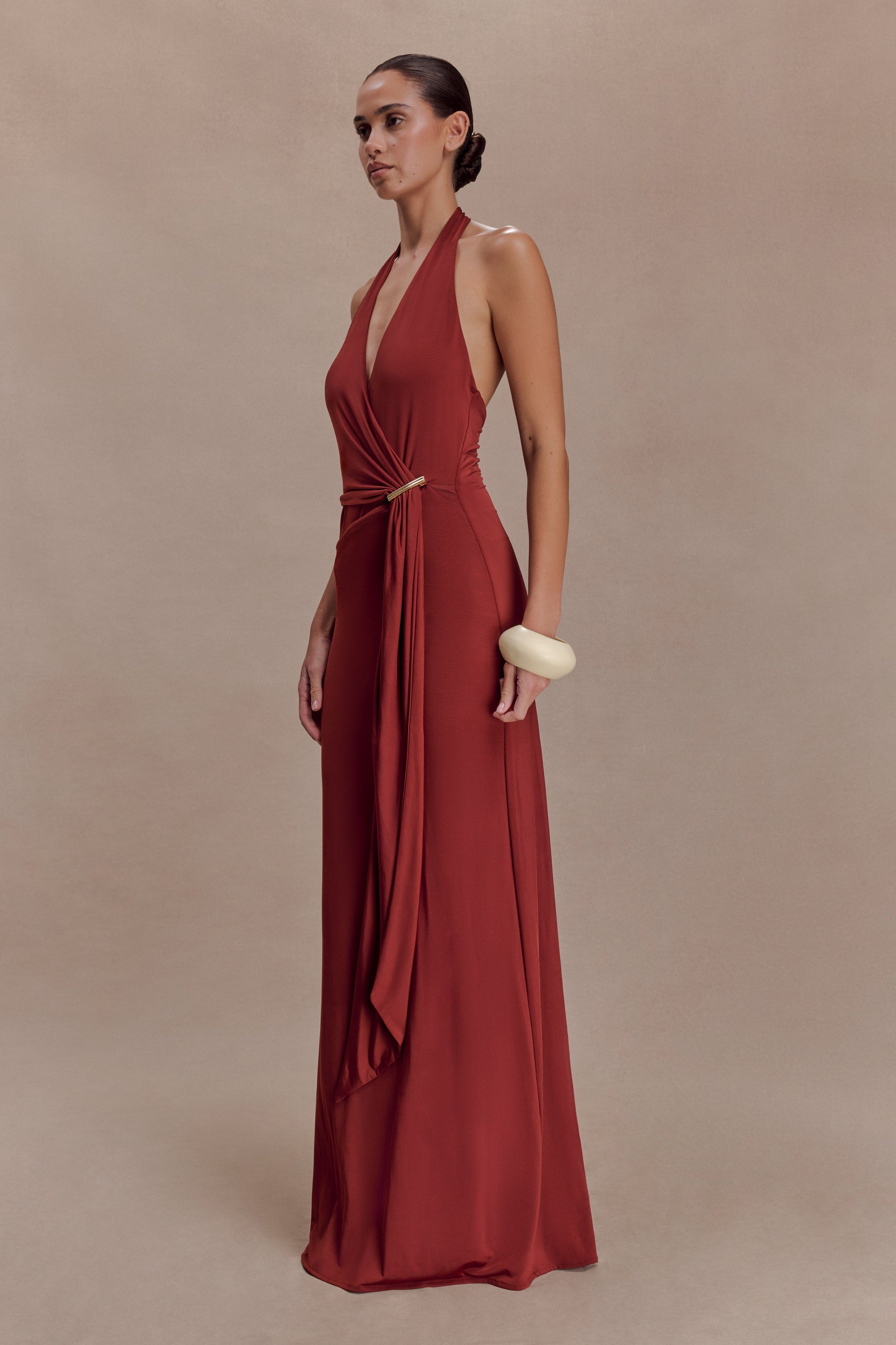 Veda Slinky Halter Maxi Dress - Russet #3