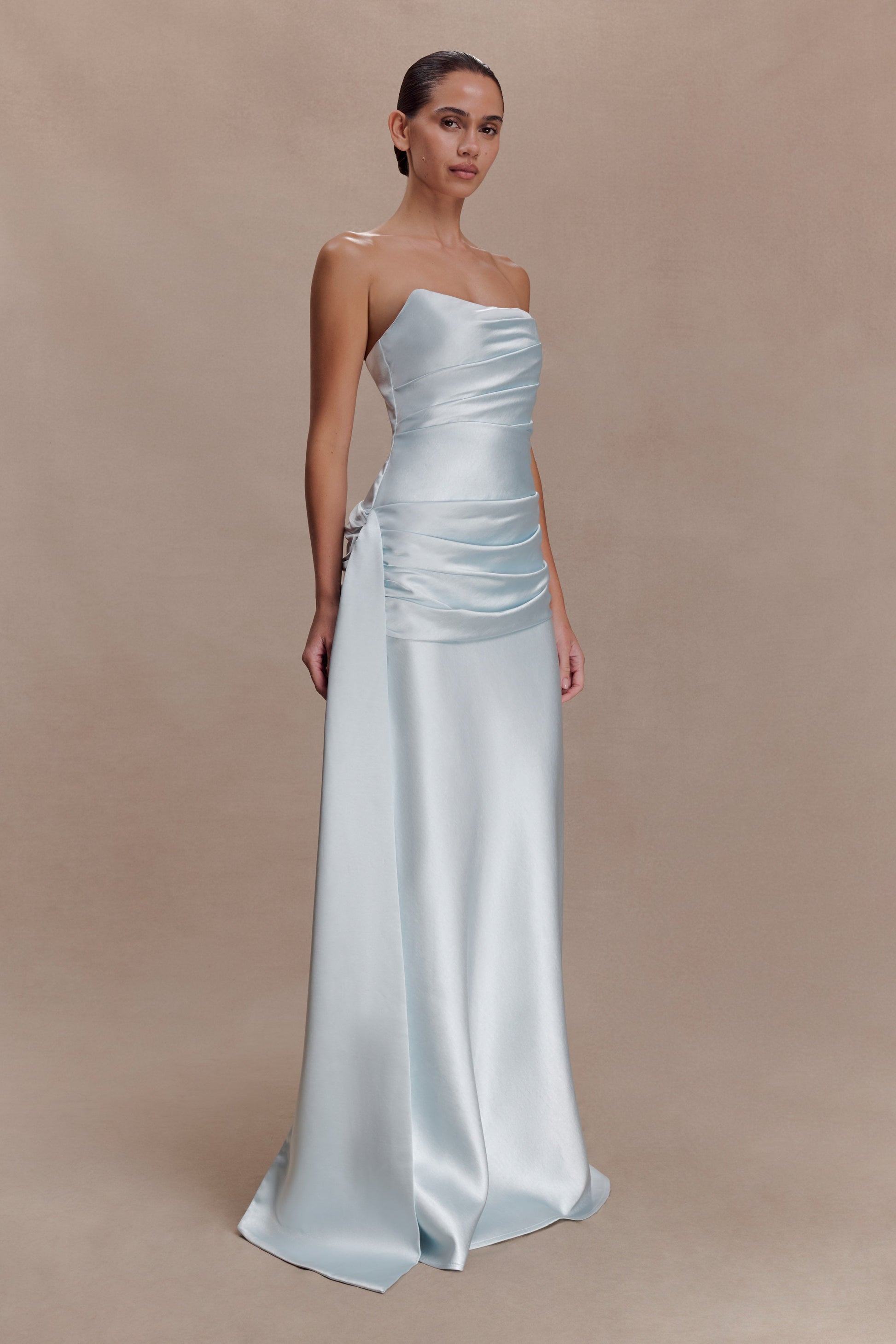 Sarah Strapless Maxi Dress With Waist Tie / Ice Blue | MESHKI