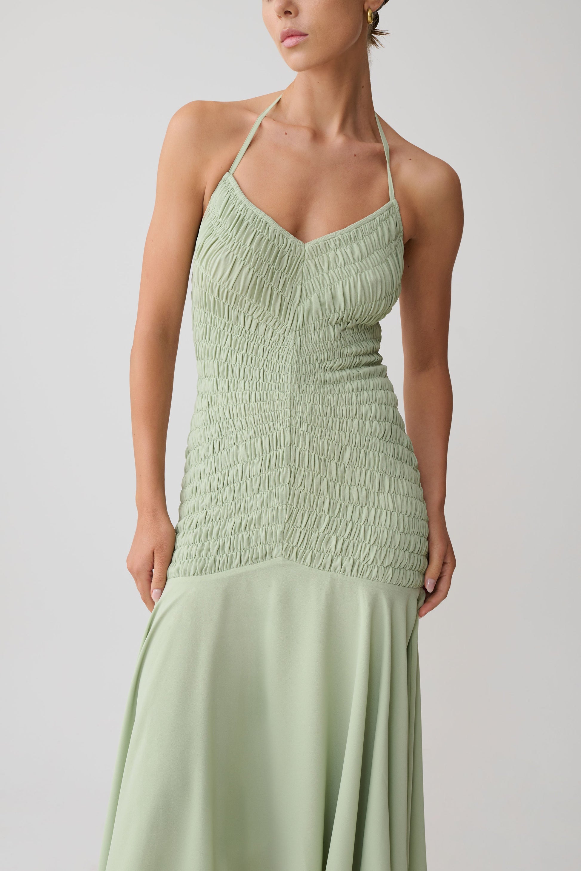 sage chiffon dress Evelyn Shirred Chiffon Maxi Dress - Sage