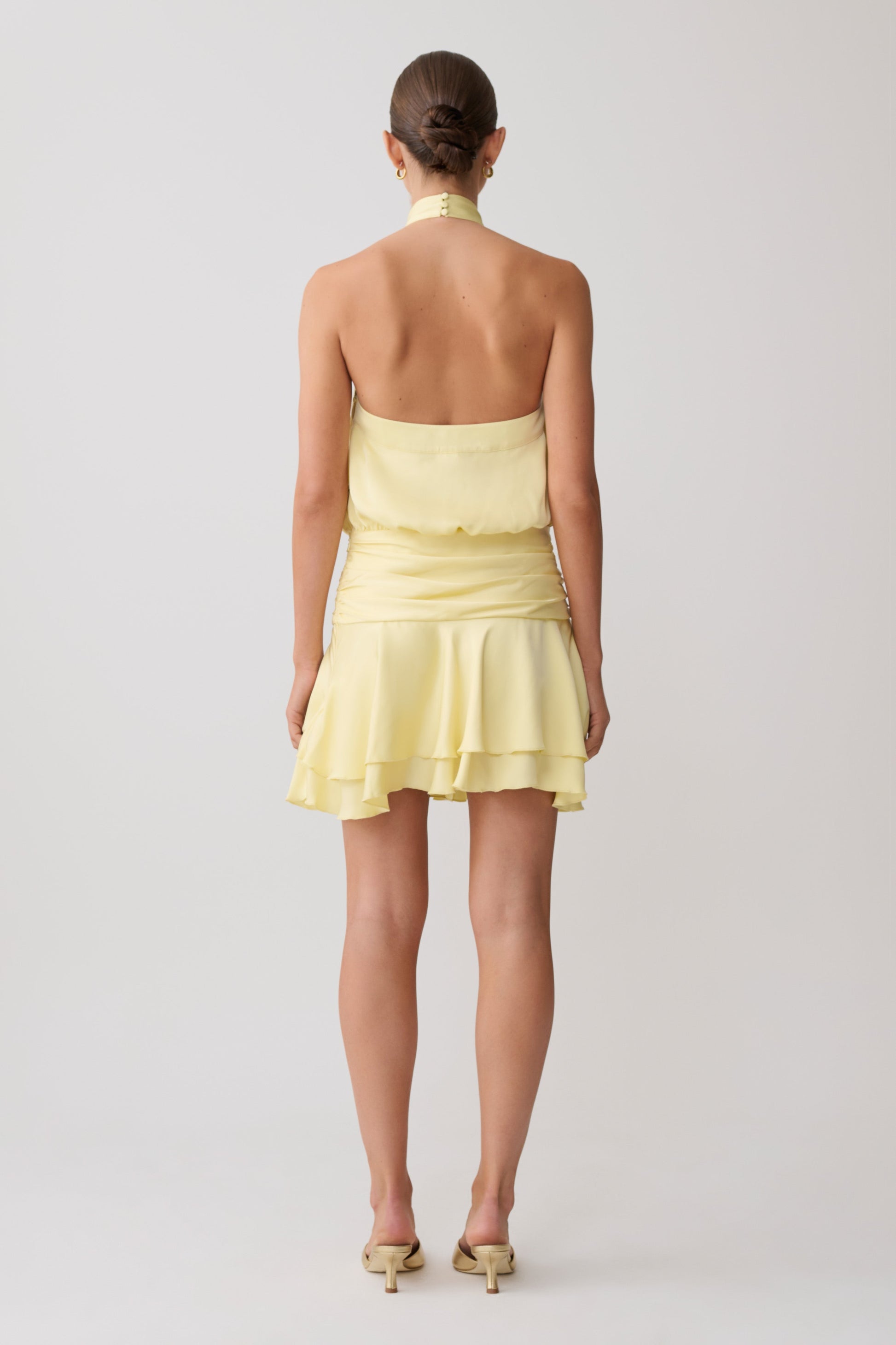 Poppy Satin Halter Mini Dress - Lemon | MESHKI US Poppy Satin Halter Mini Dress - Lemon | MESHKI US