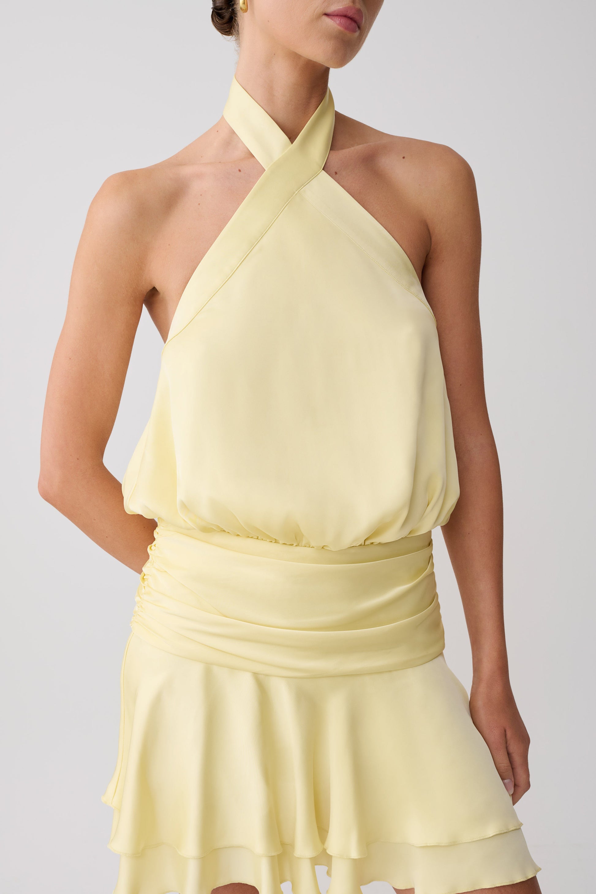 halter neck yellow mini dress Golden Hour Mini Dress Joyful Notion