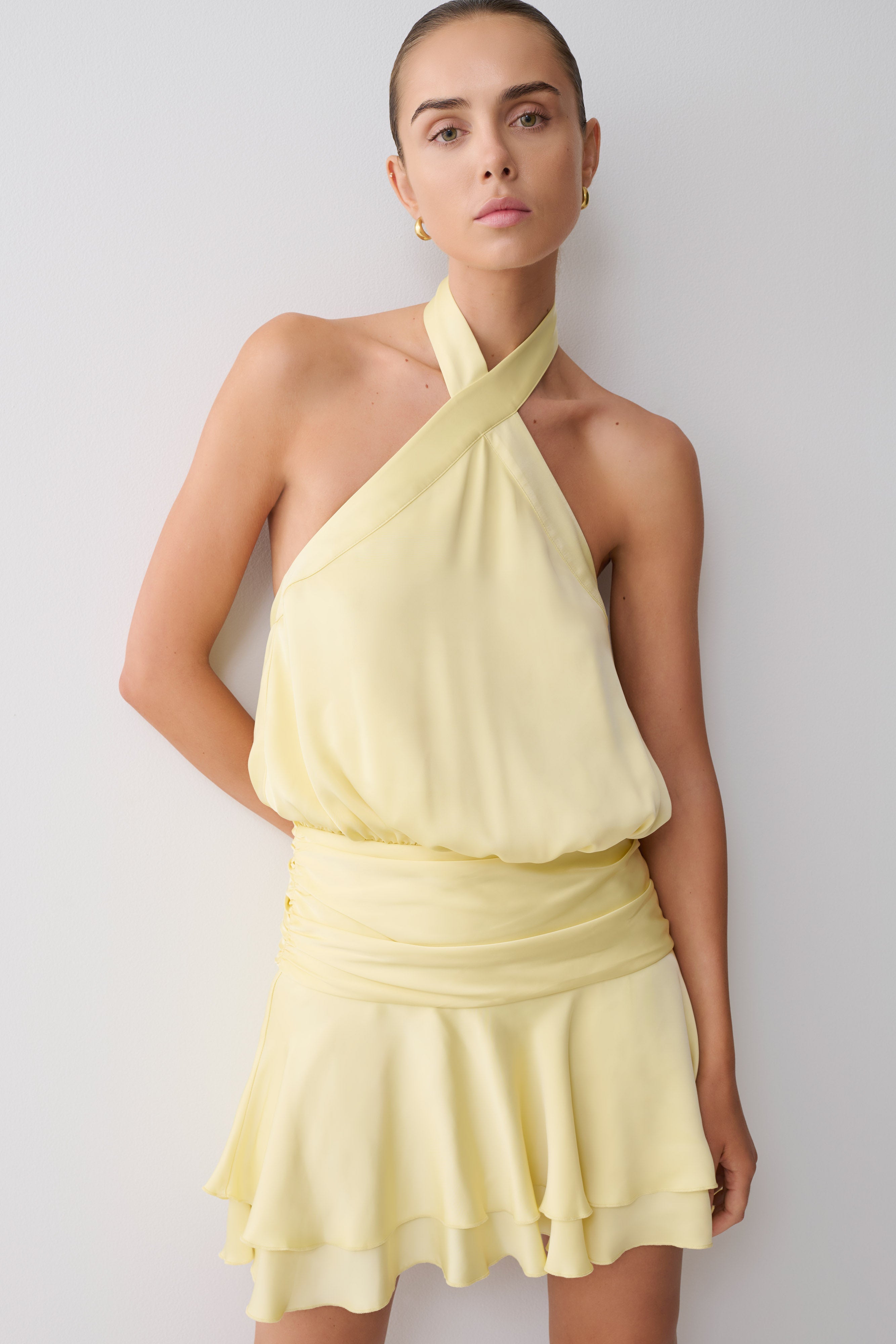 Poppy Satin Halter Mini Dress - Lemon | MESHKI US