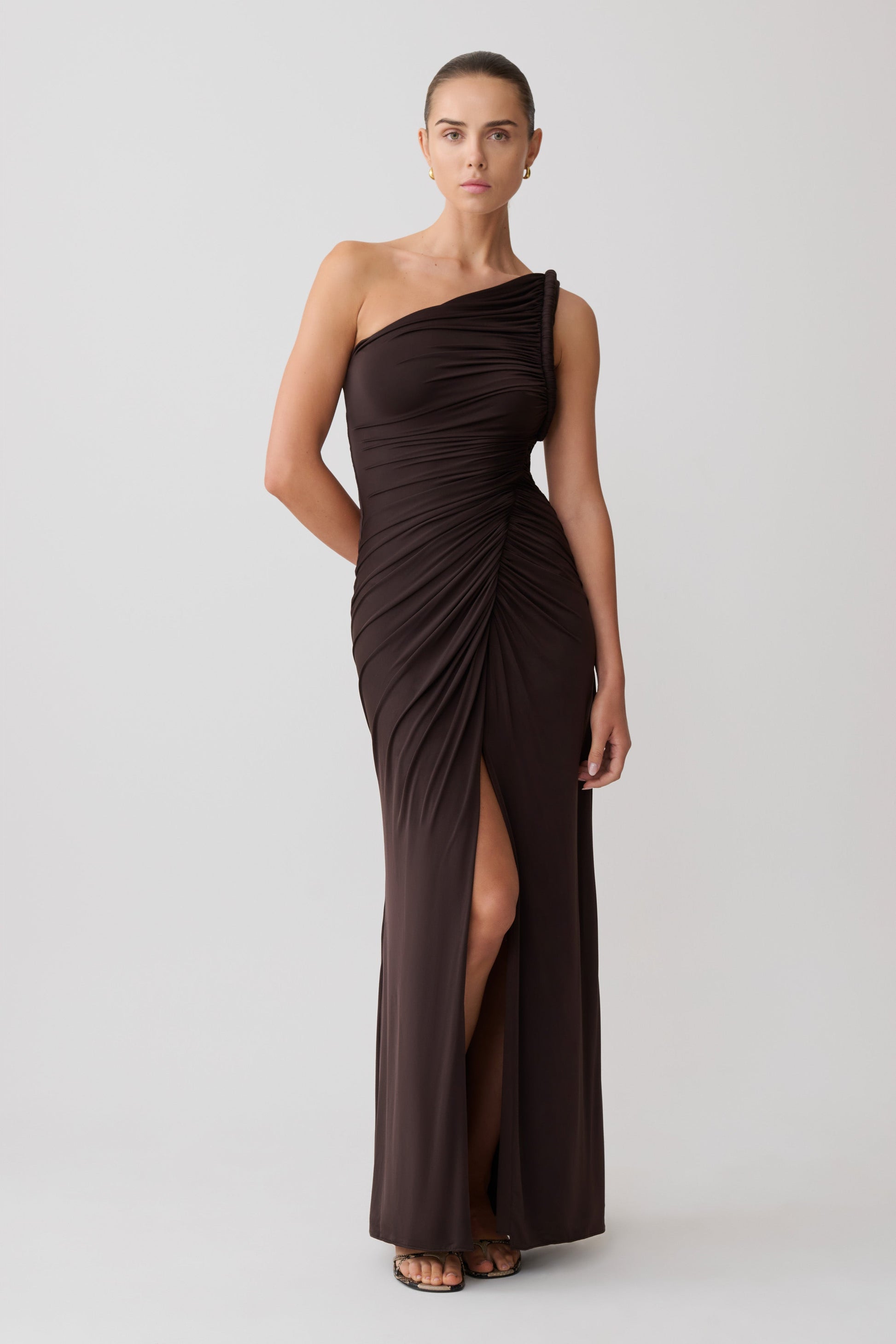 Ryn Twisted One Shoulder Maxi Dress / Dark Chocolate | MESHKI