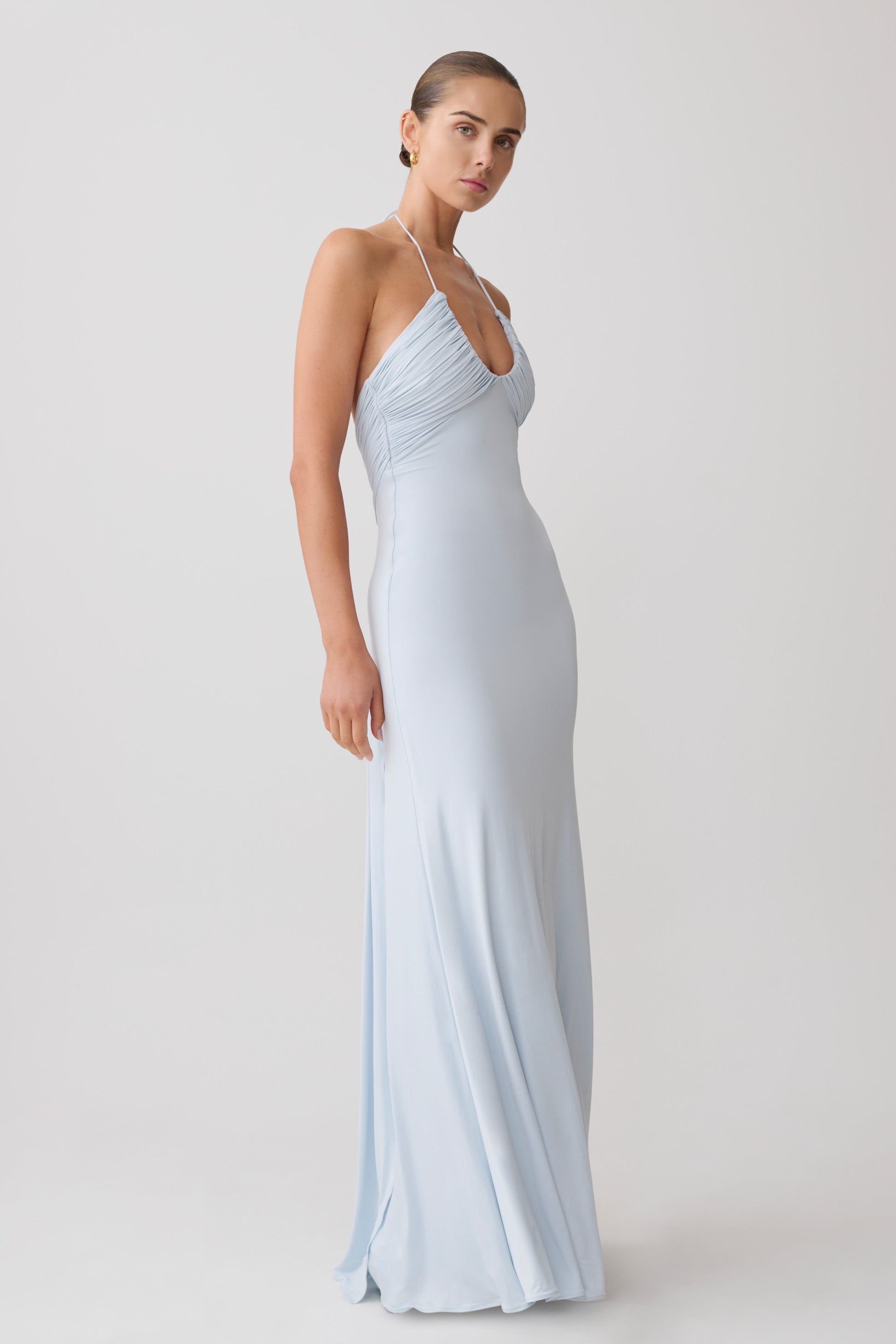 Maely Gathered Slinky Maxi Dress / Pale Blue | MESHKI Maely Gathered Slinky Maxi Dress / Pale Blue | MESHKI