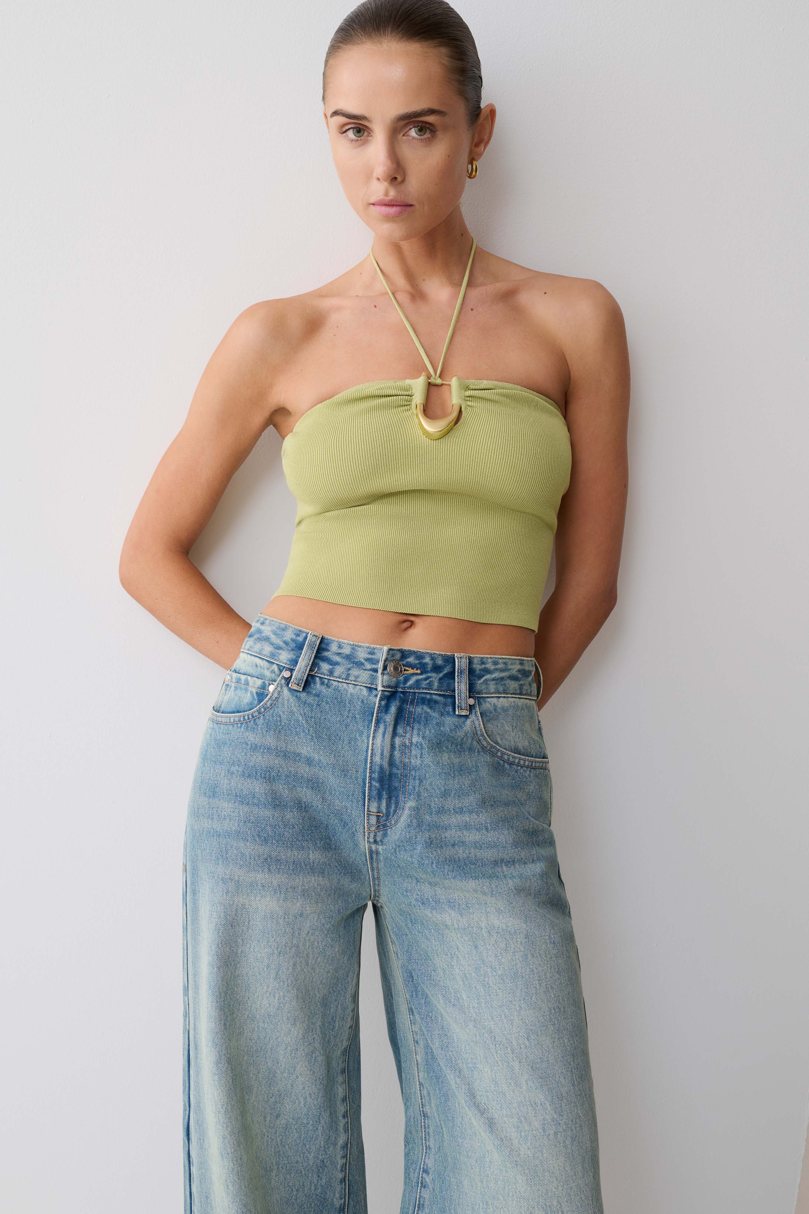 Dimitri Knit Halter Top With Hardware - Light Olive | MESHKI US