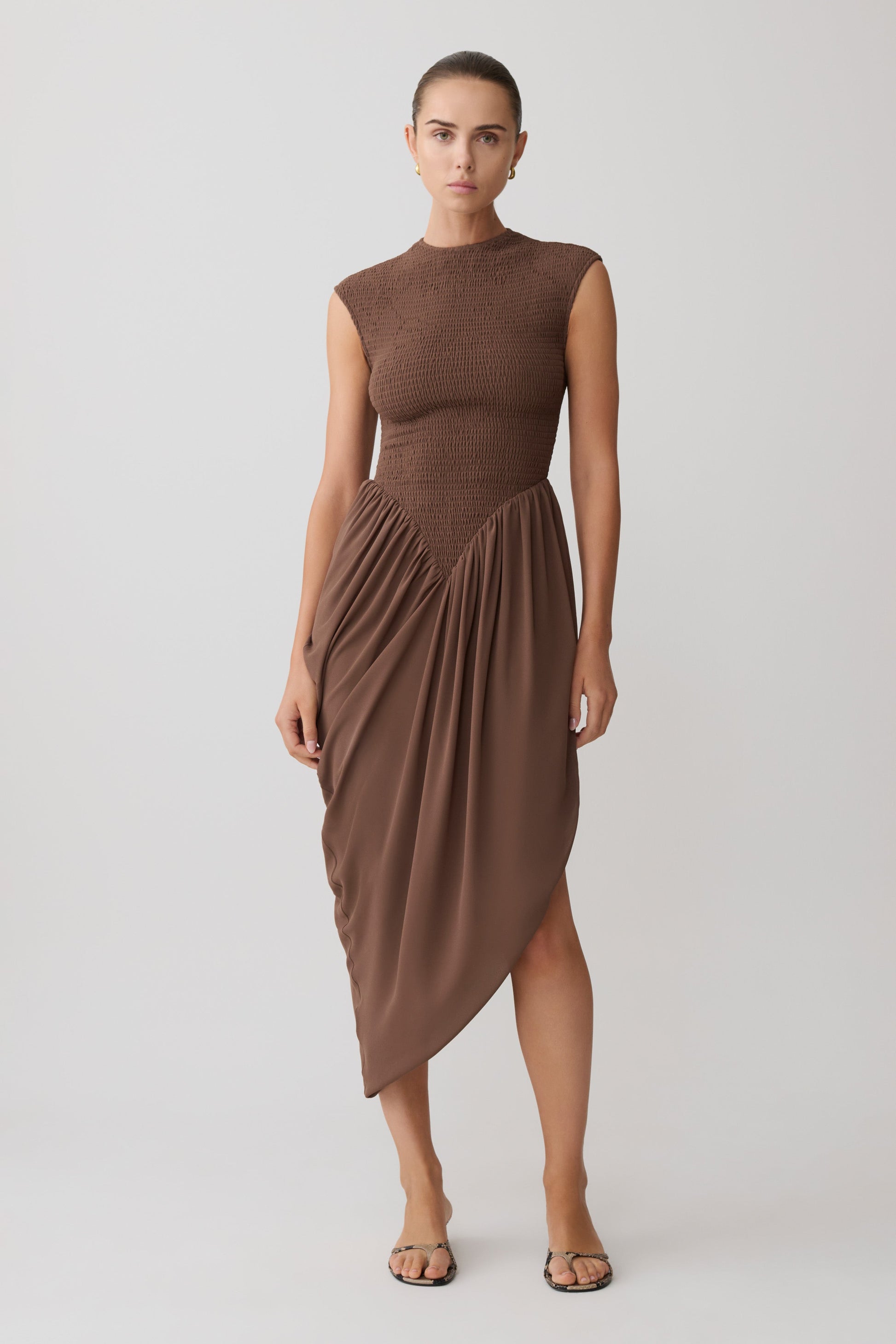 Nola Shirred Asymmetric Midi Dress / Mocha | MESHKI