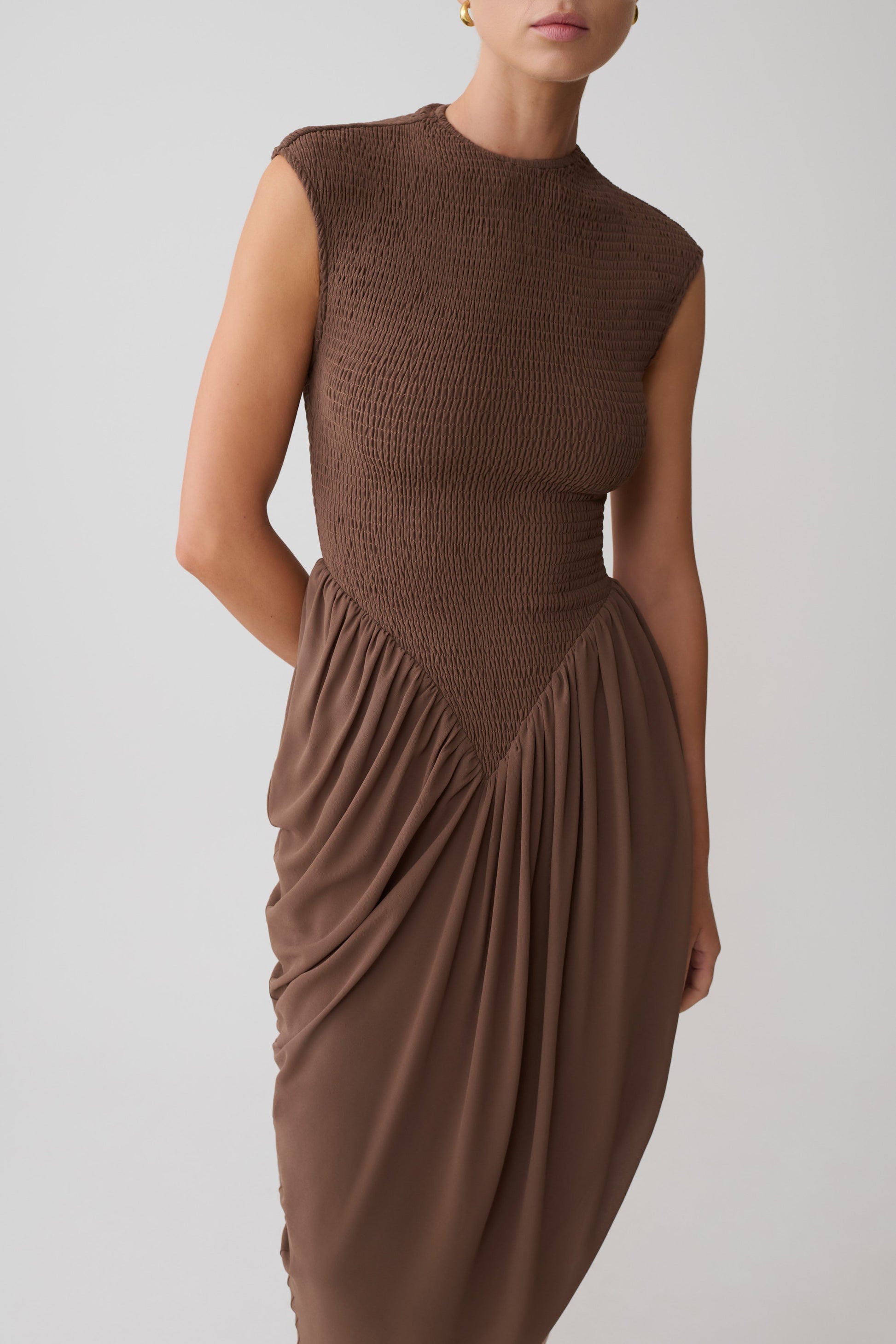 Nola Shirred Asymmetric Midi Dress / Mocha | MESHKI Nola Shirred Asymmetric Midi Dress / Mocha | MESHKI