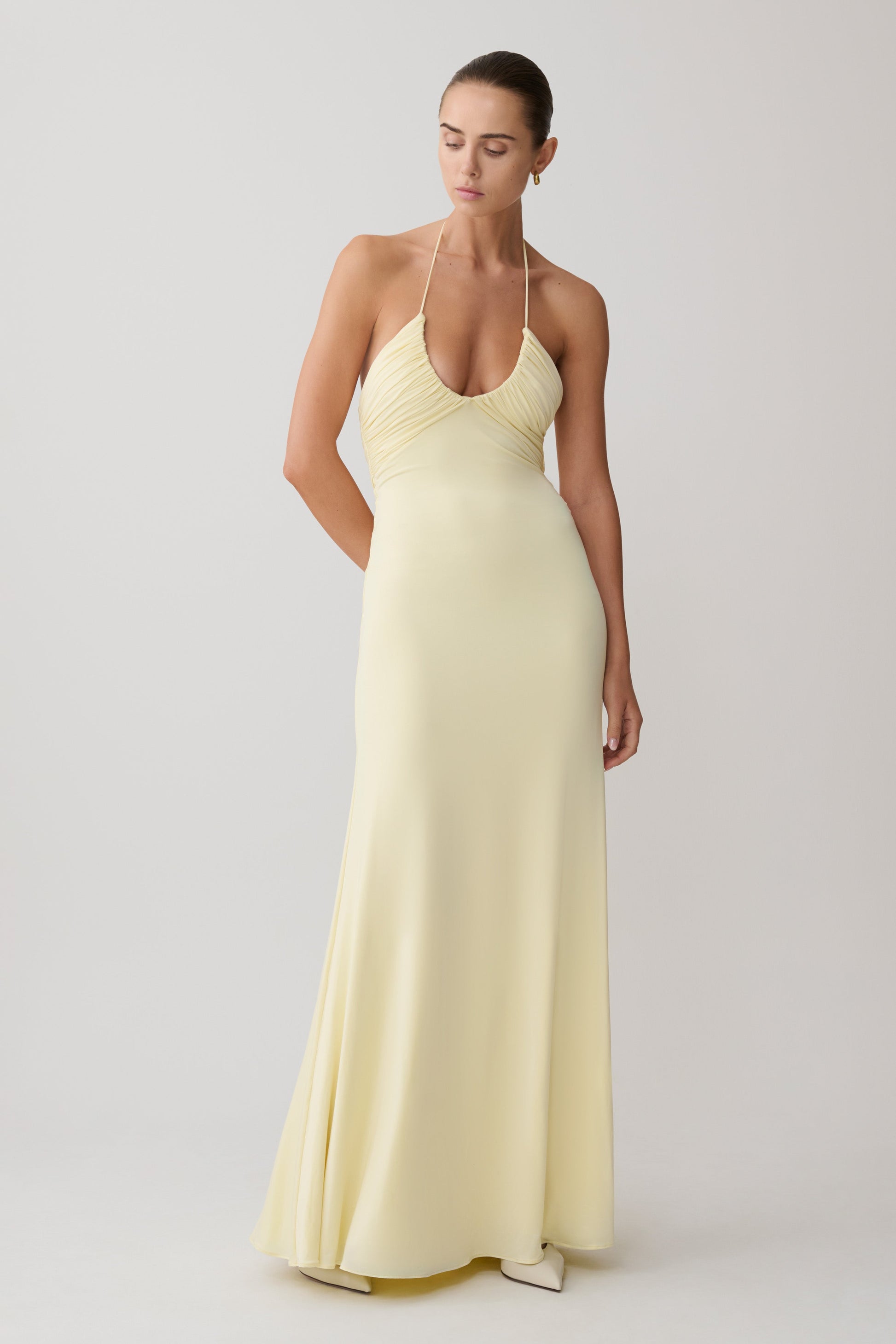 Maely Gathered Slinky Maxi Dress / Lemon | MESHKI