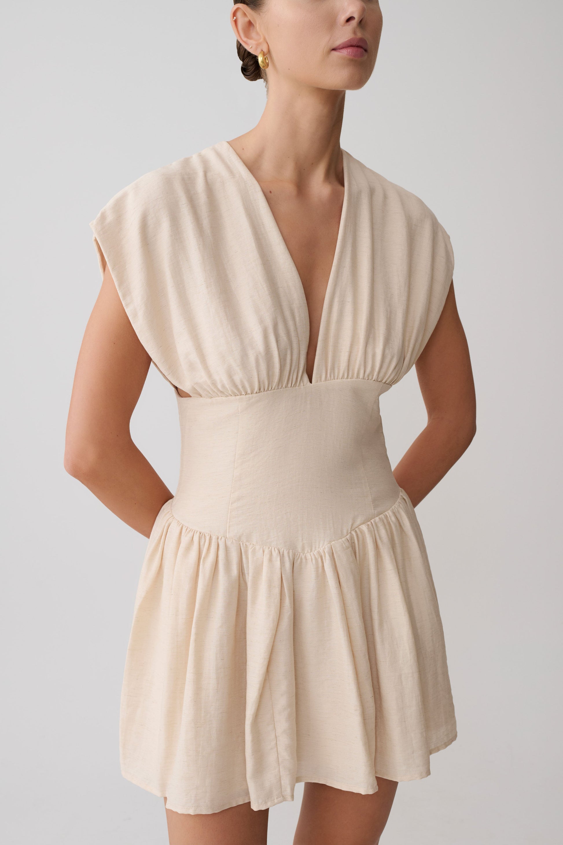 Arabella Cinched Waist Linen Mini Dress - Natural | MESHKI US Arabella Cinched Waist Linen Mini Dress - Natural | MESHKI US