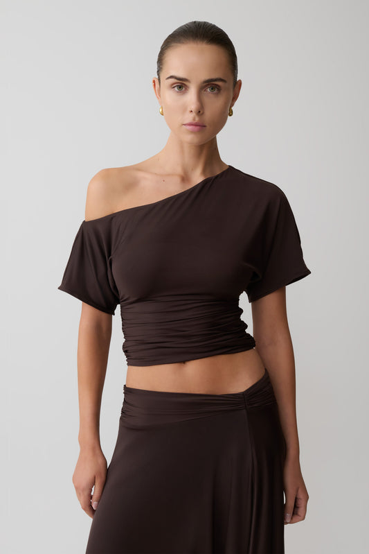 Luu Off Shoulder Slinky Top - Dark Chocolate