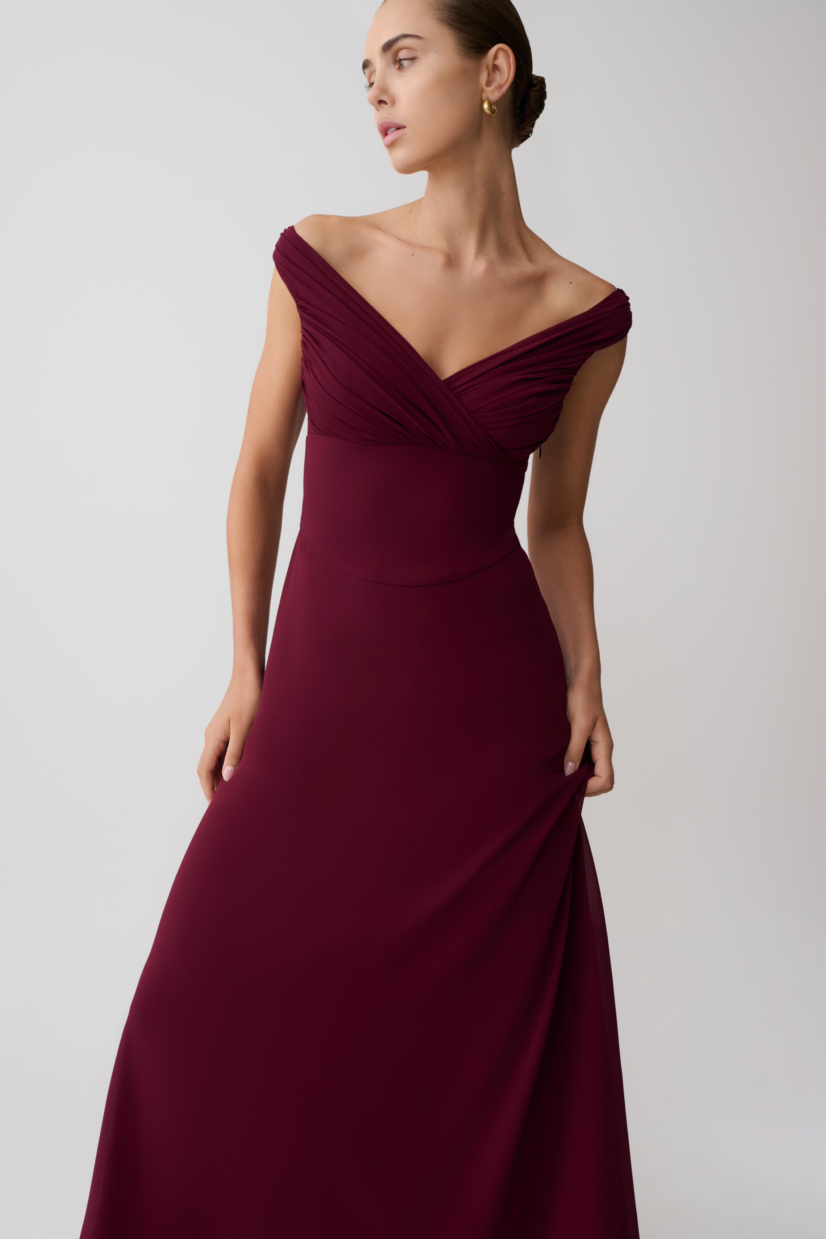 Mabel Off Shoulder Chiffon Maxi Dress - Merlot | MESHKI US