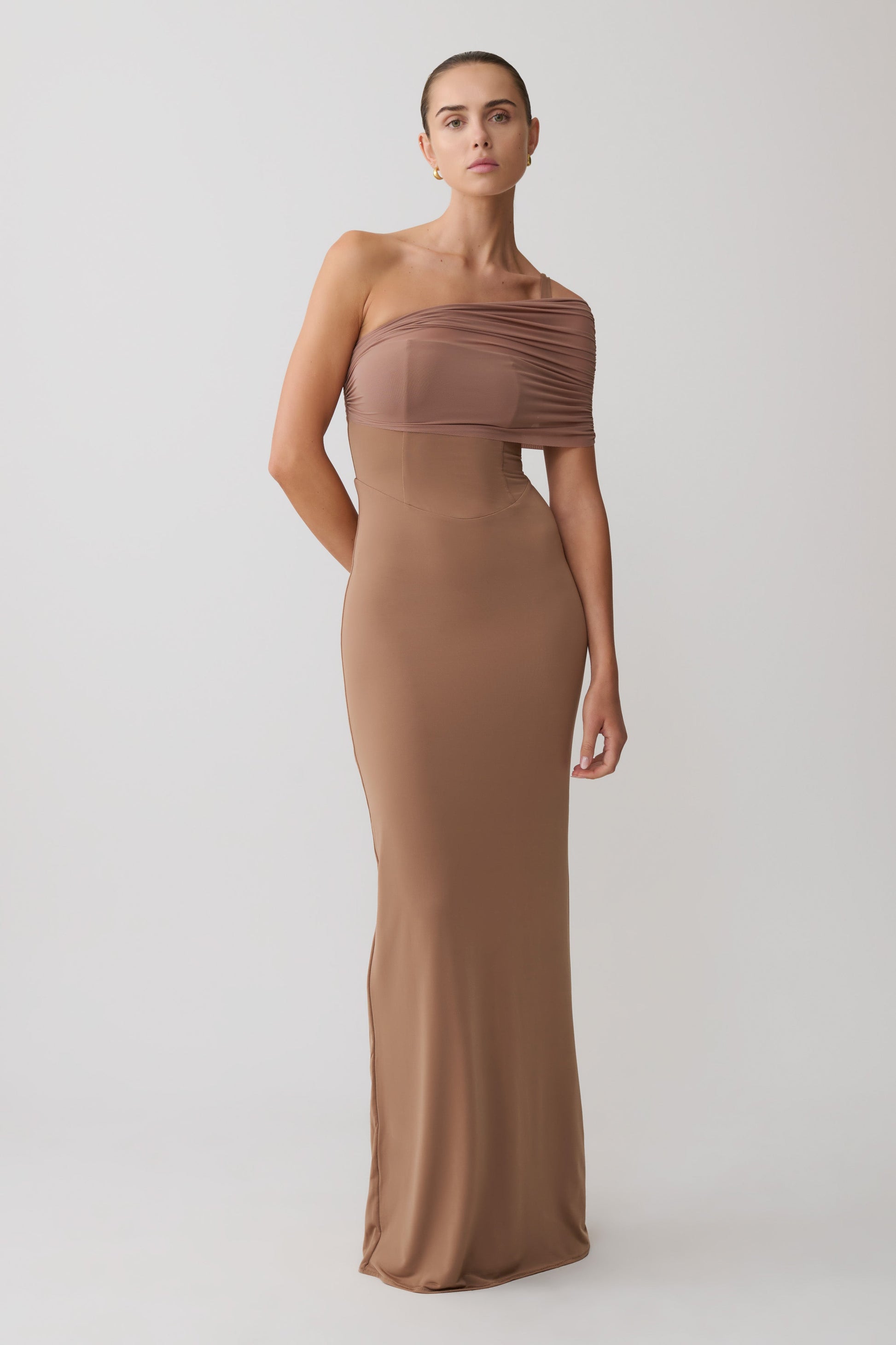 Hanh One Shoulder Mesh Maxi Dress / Tan | MESHKI