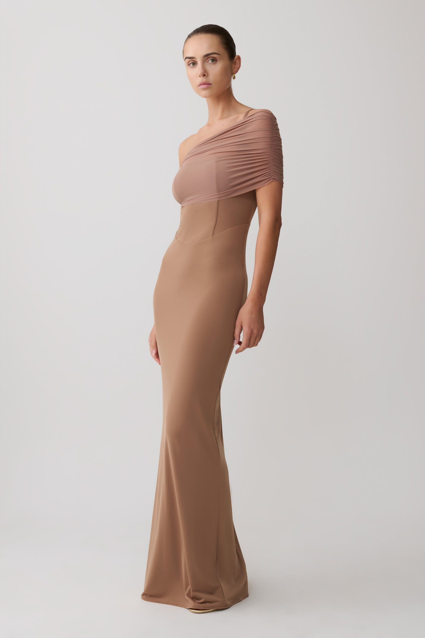 Hanh One Shoulder Mesh Maxi Dress - Tan