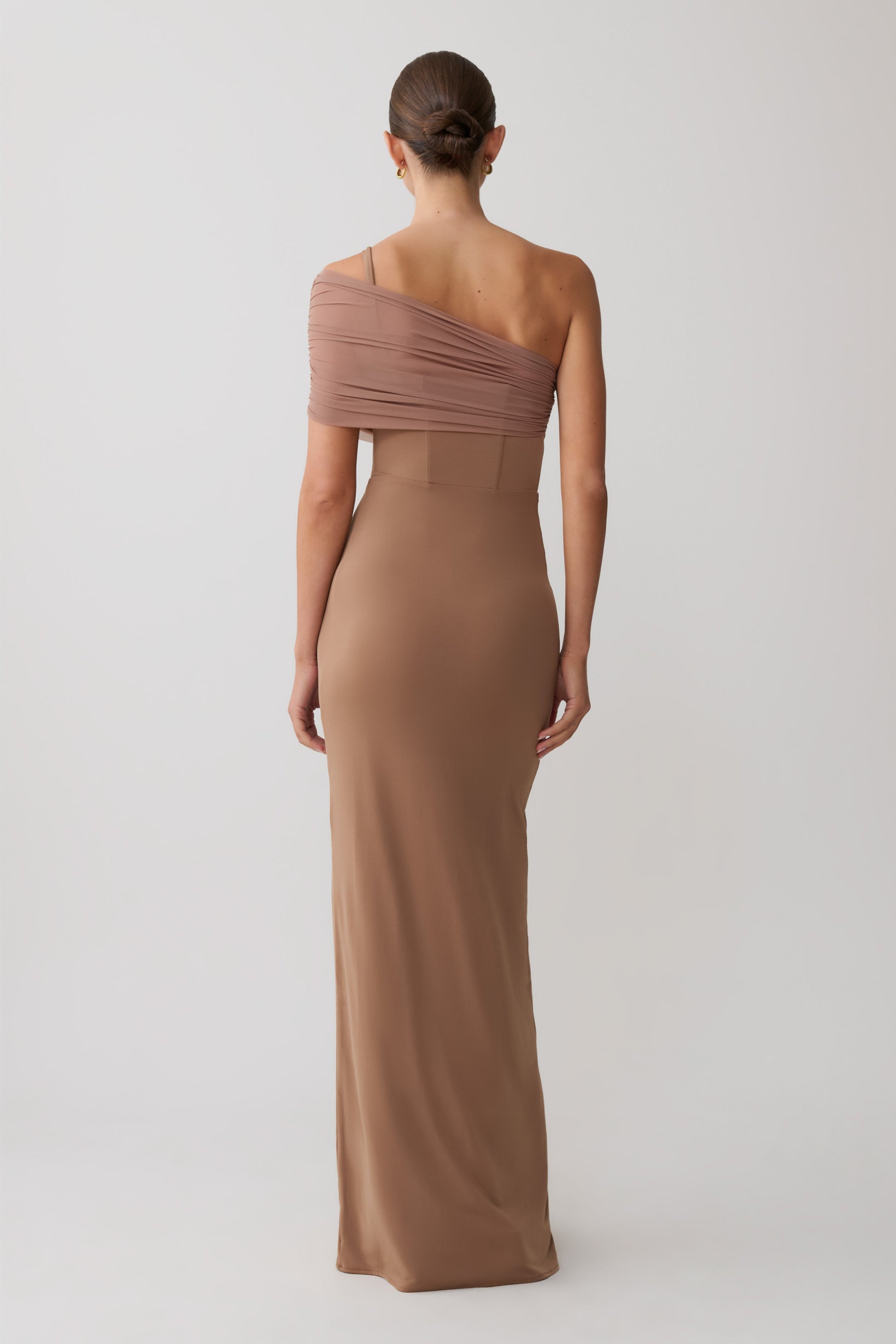 one shoulder tan dress Tan Dress - Ribbed Two-Piece Dress - One-Shoulder Midi Dress