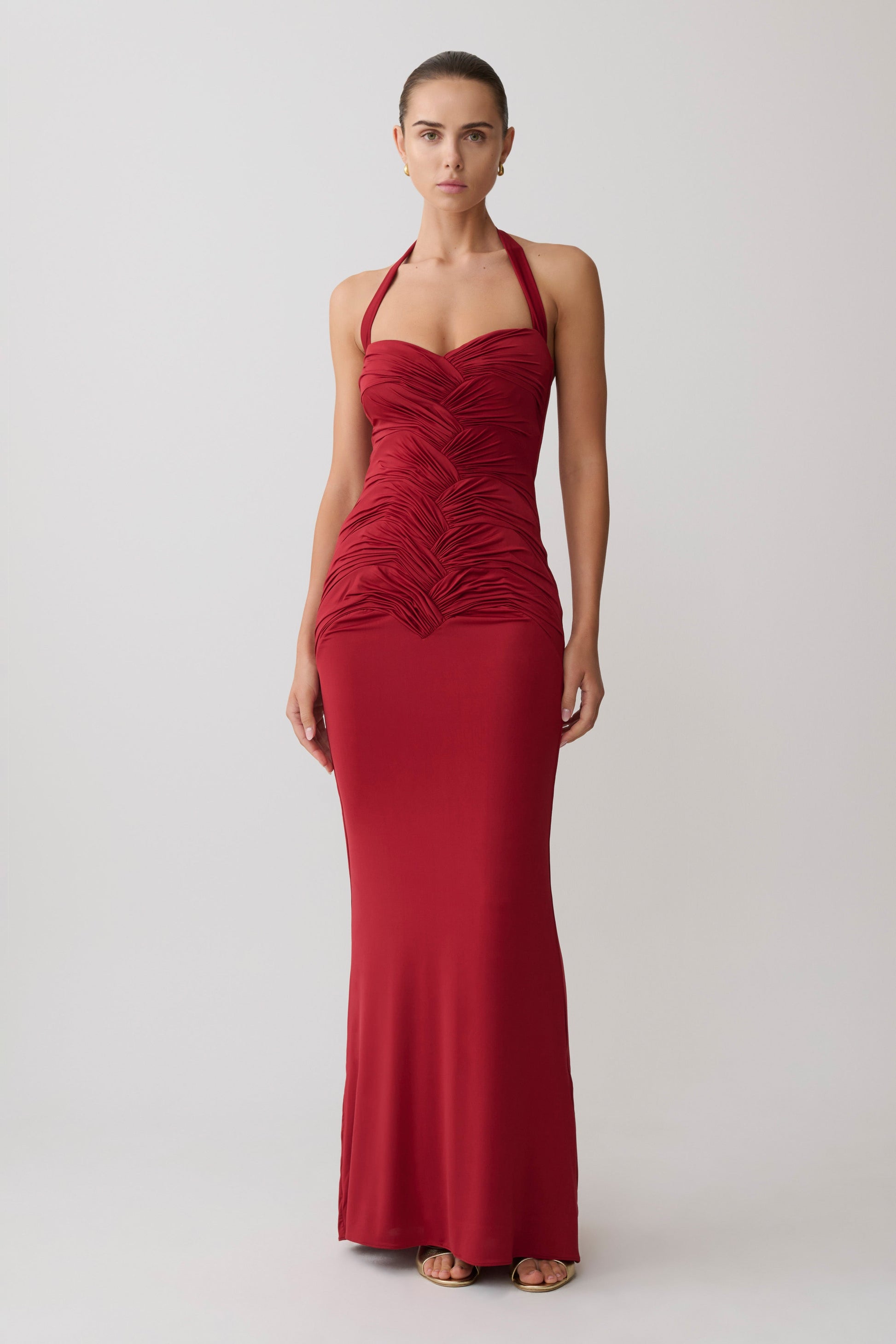 red halter maxi dress Hoai Gathered Slinky Halter Maxi Dress - Deep Red