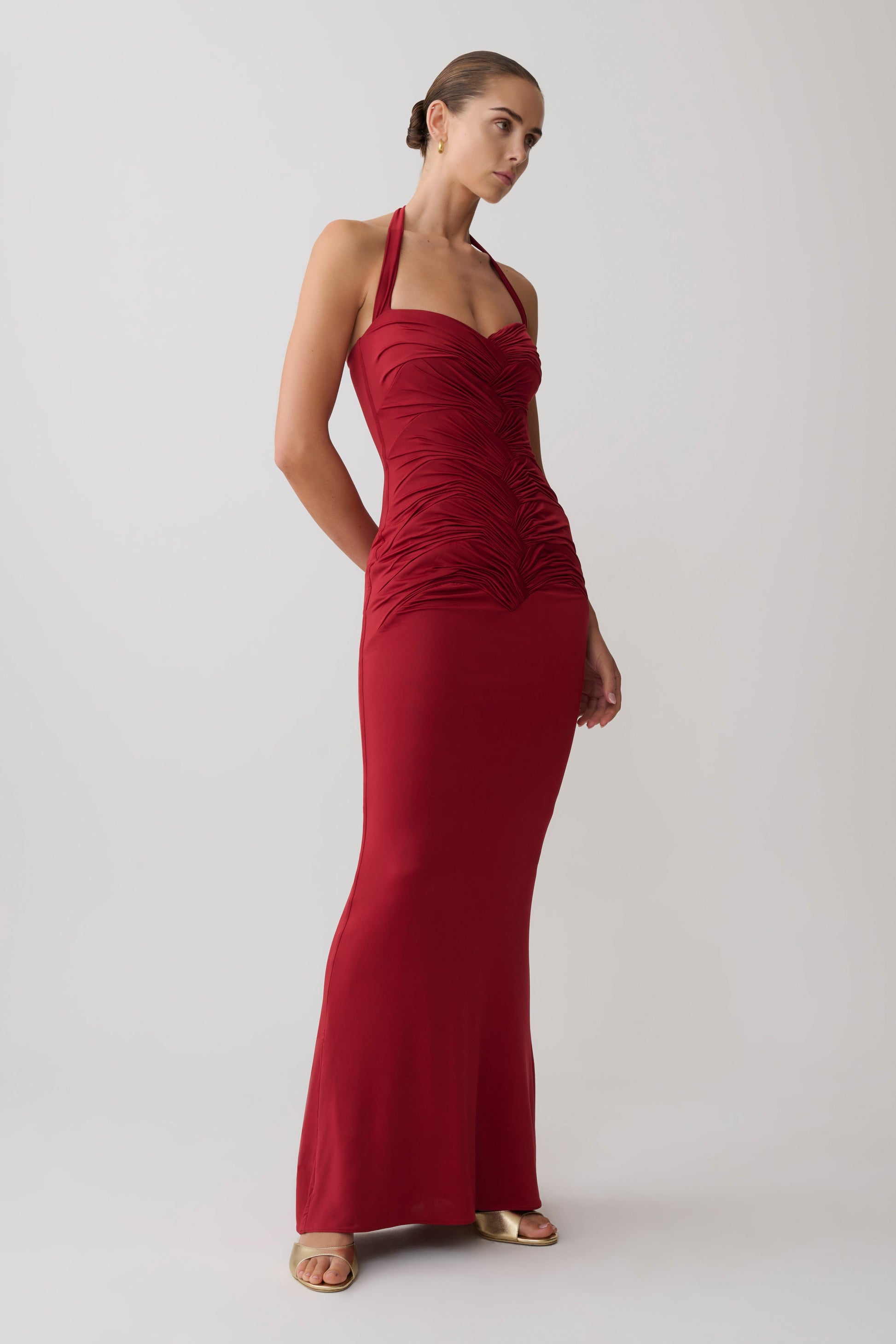 meshki red dress Hoai Gathered Slinky Halter Maxi Dress / Deep Red | MESHKI