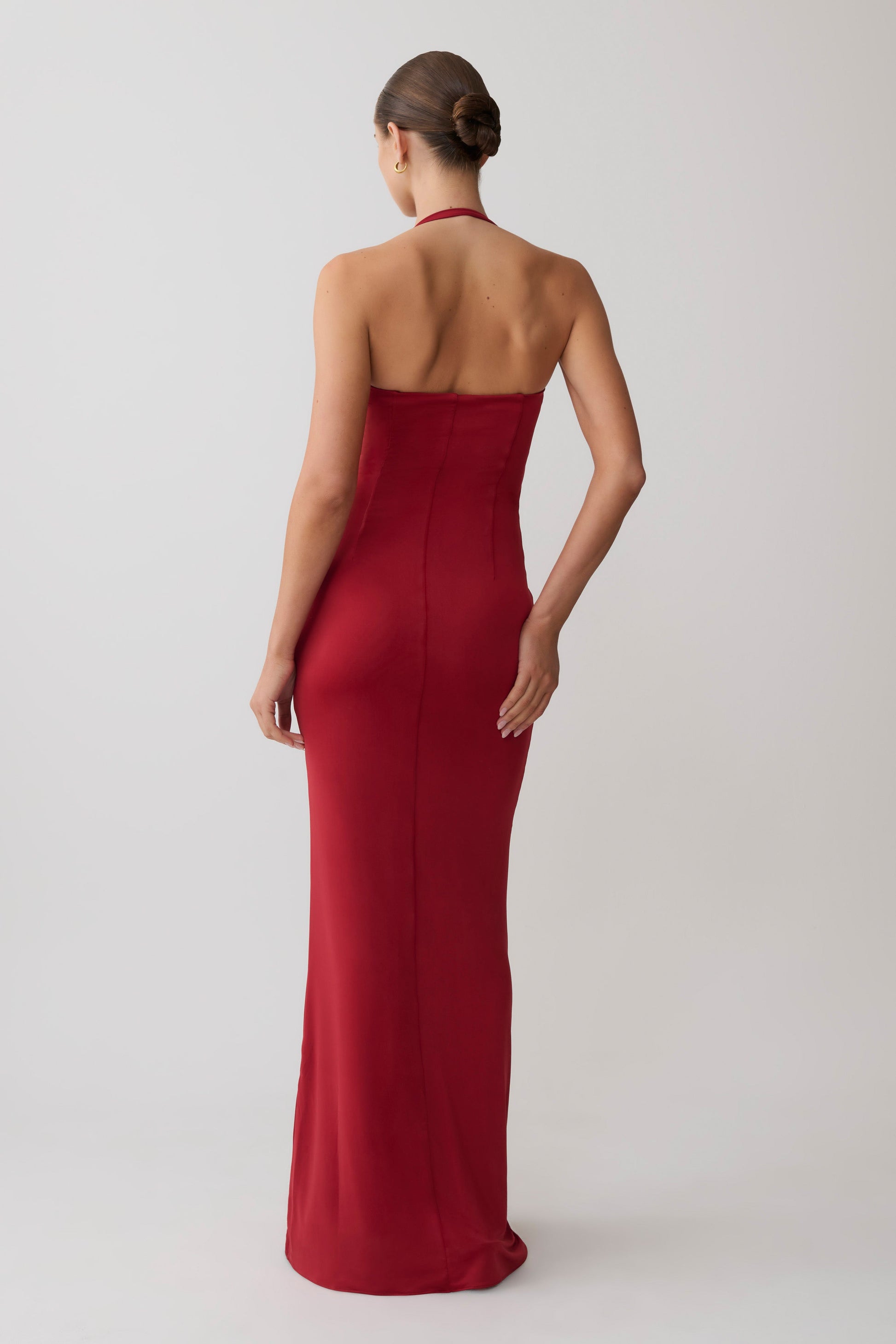 Hoai Gathered Slinky Halter Maxi Dress - Deep Red | MESHKI US Hoai Gathered Slinky Halter Maxi Dress - Deep Red | MESHKI US