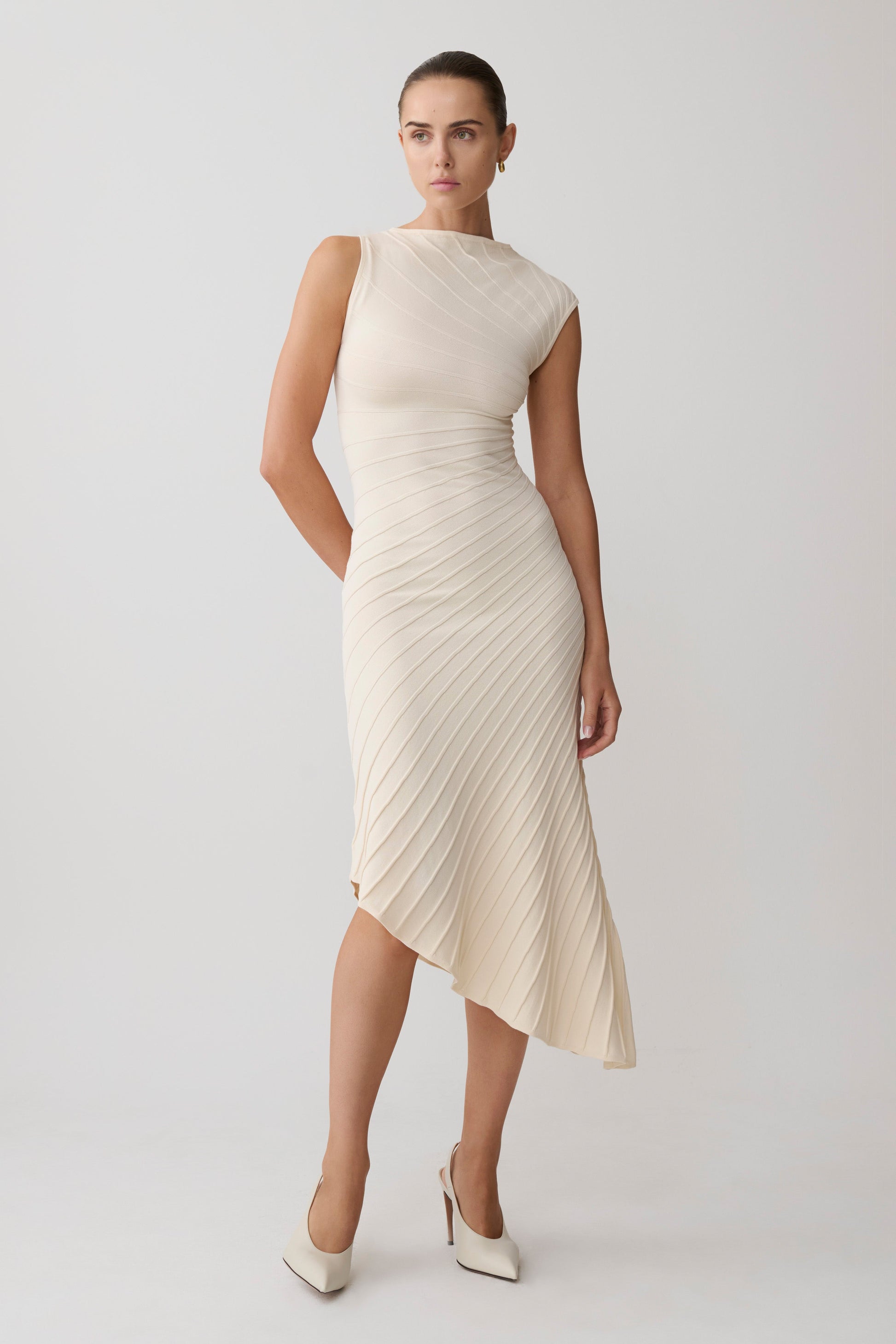 Milasandra Pleated Knit Dress - Ivory | MESHKI US Milasandra Pleated Knit Dress - Ivory | MESHKI US