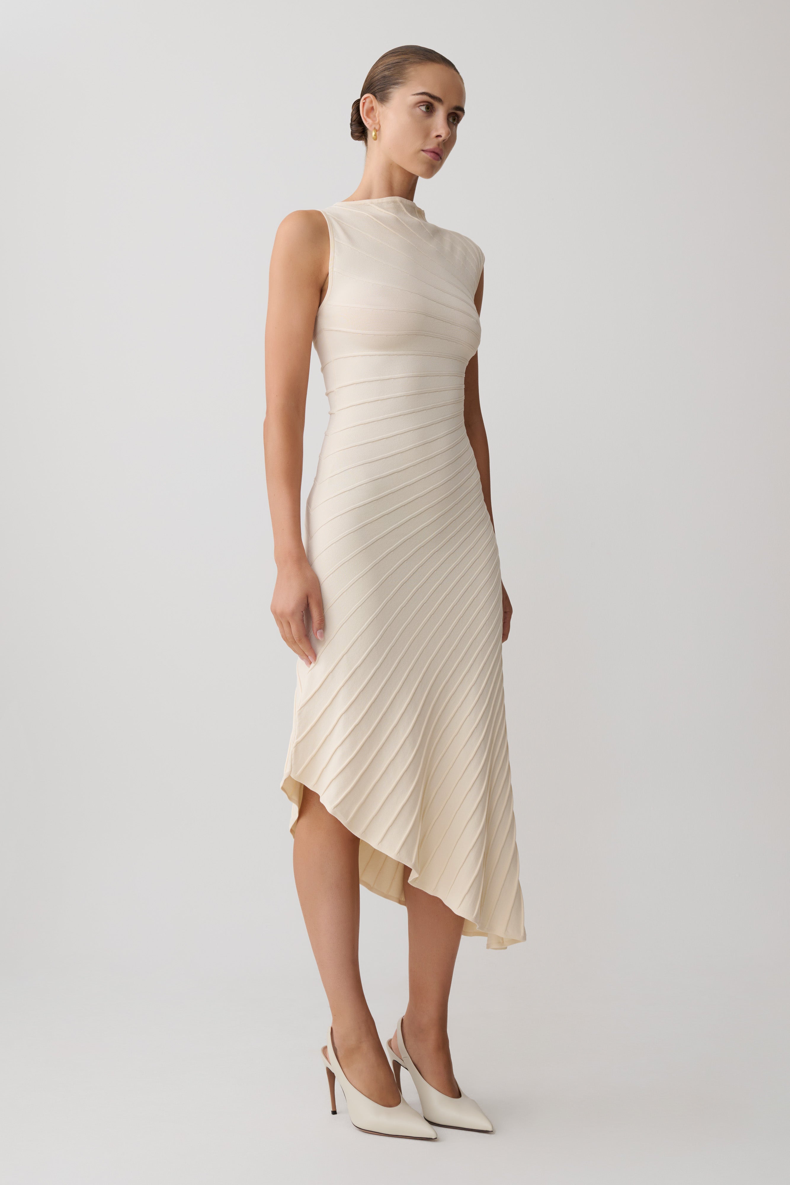 Milasandra Pleated Knit Dress - Ivory | MESHKI US