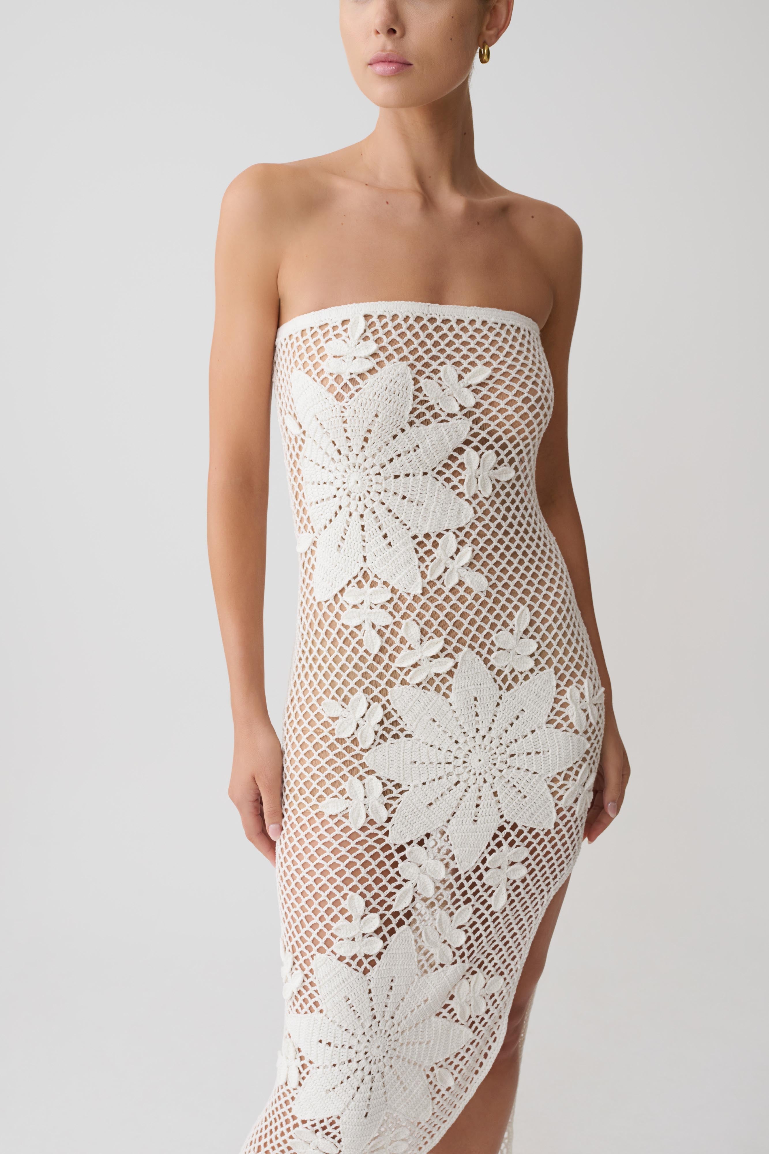 Mandie Hand Crochet Asymmetrical Maxi Dress - White | MESHKI US