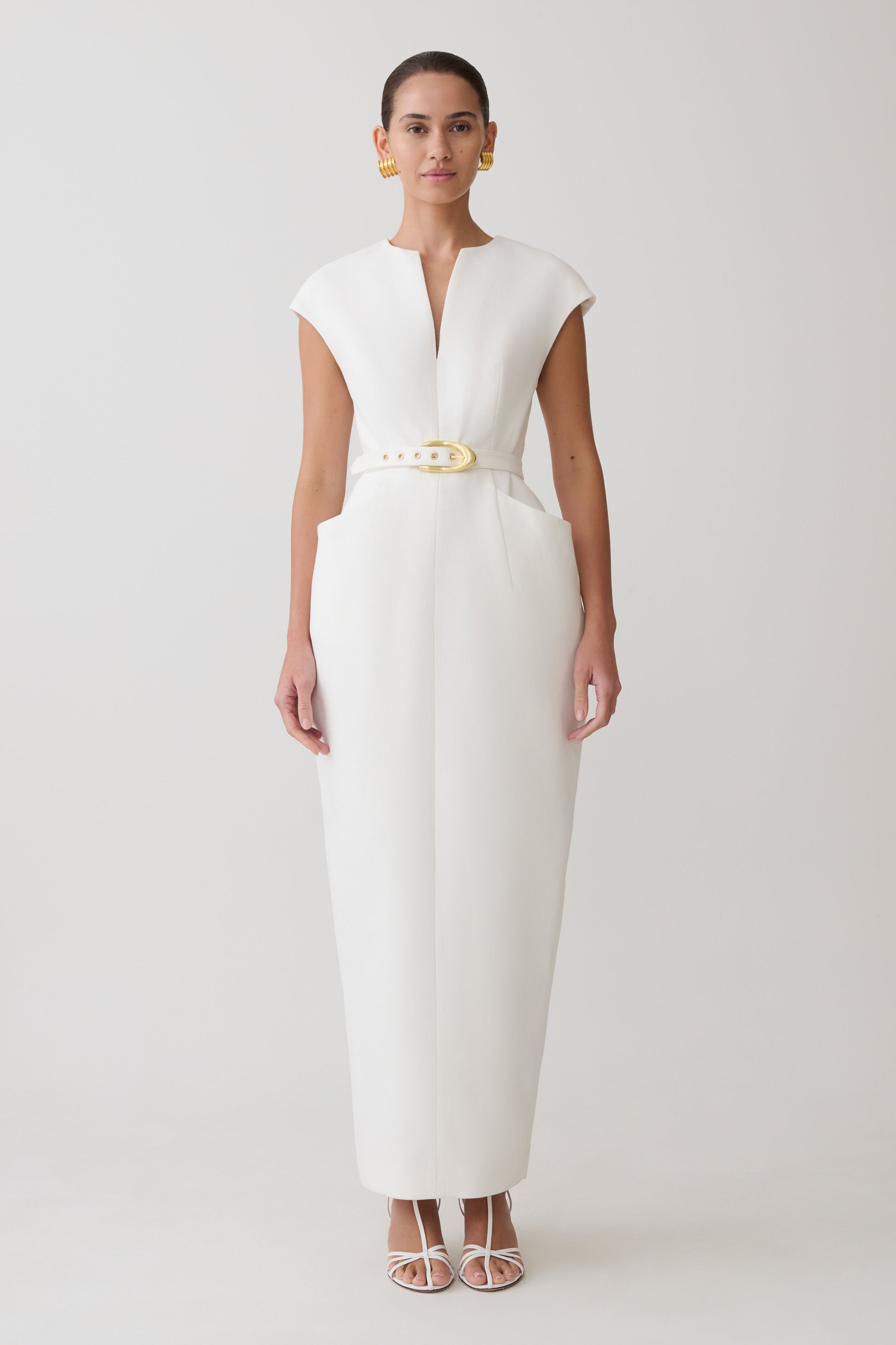 Livia V Neck Linen Maxi Dress - White | MESHKI US Livia V Neck Linen Maxi Dress - White | MESHKI US