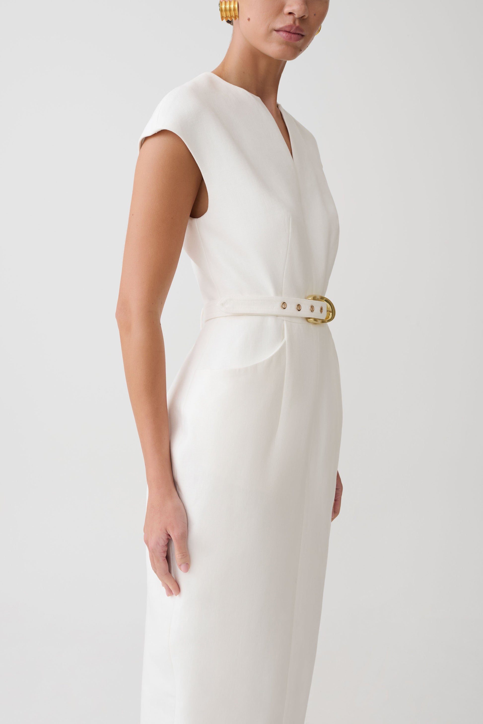 white linen dress with belt Midi linen dress BOHOL in White