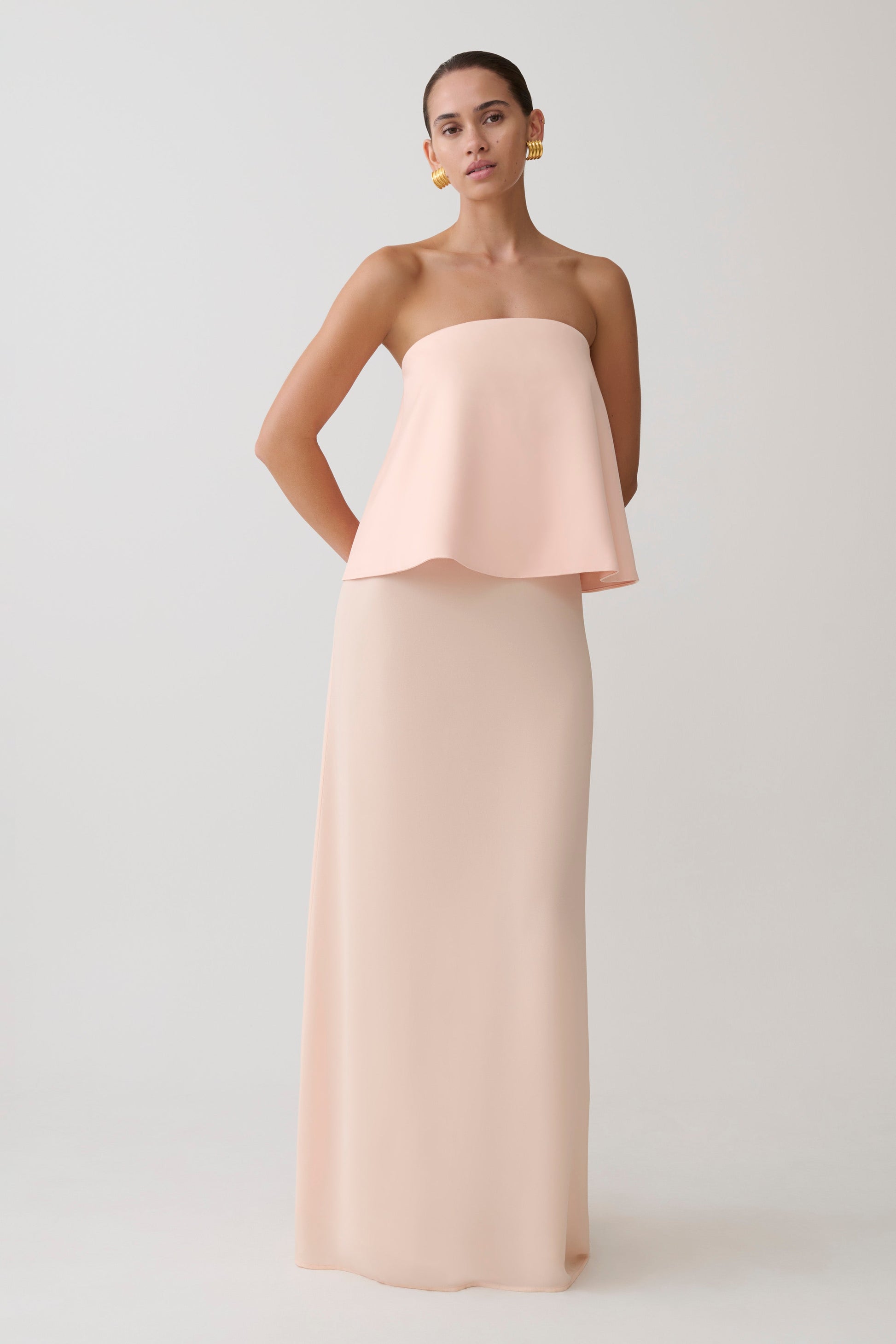 slim fit dress slacks Sophia Satin Strapless Maxi Dress - Peach